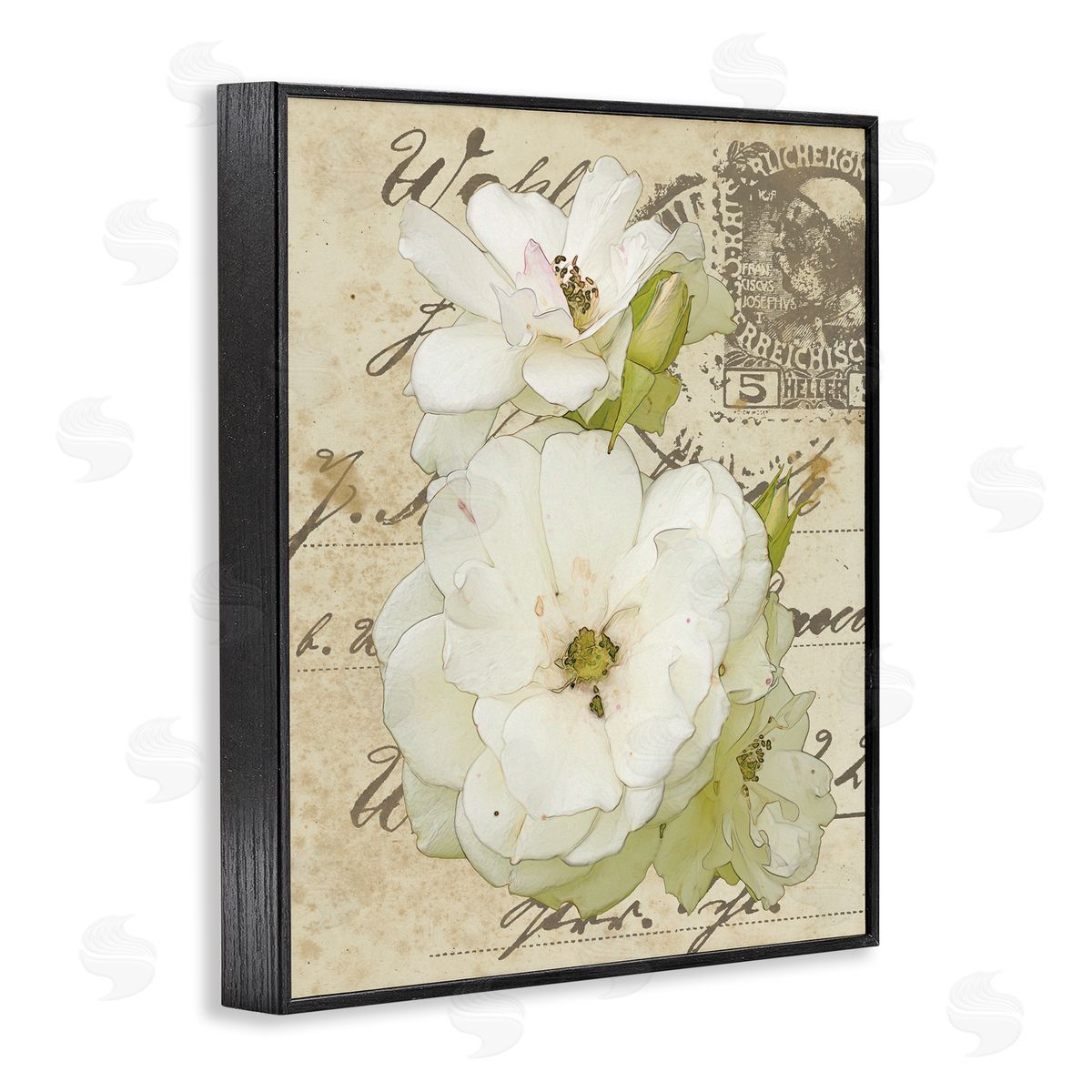 Alonzo Saunders White Country Florals over Vintage Postal Card Black Framed Giclee Wall Art