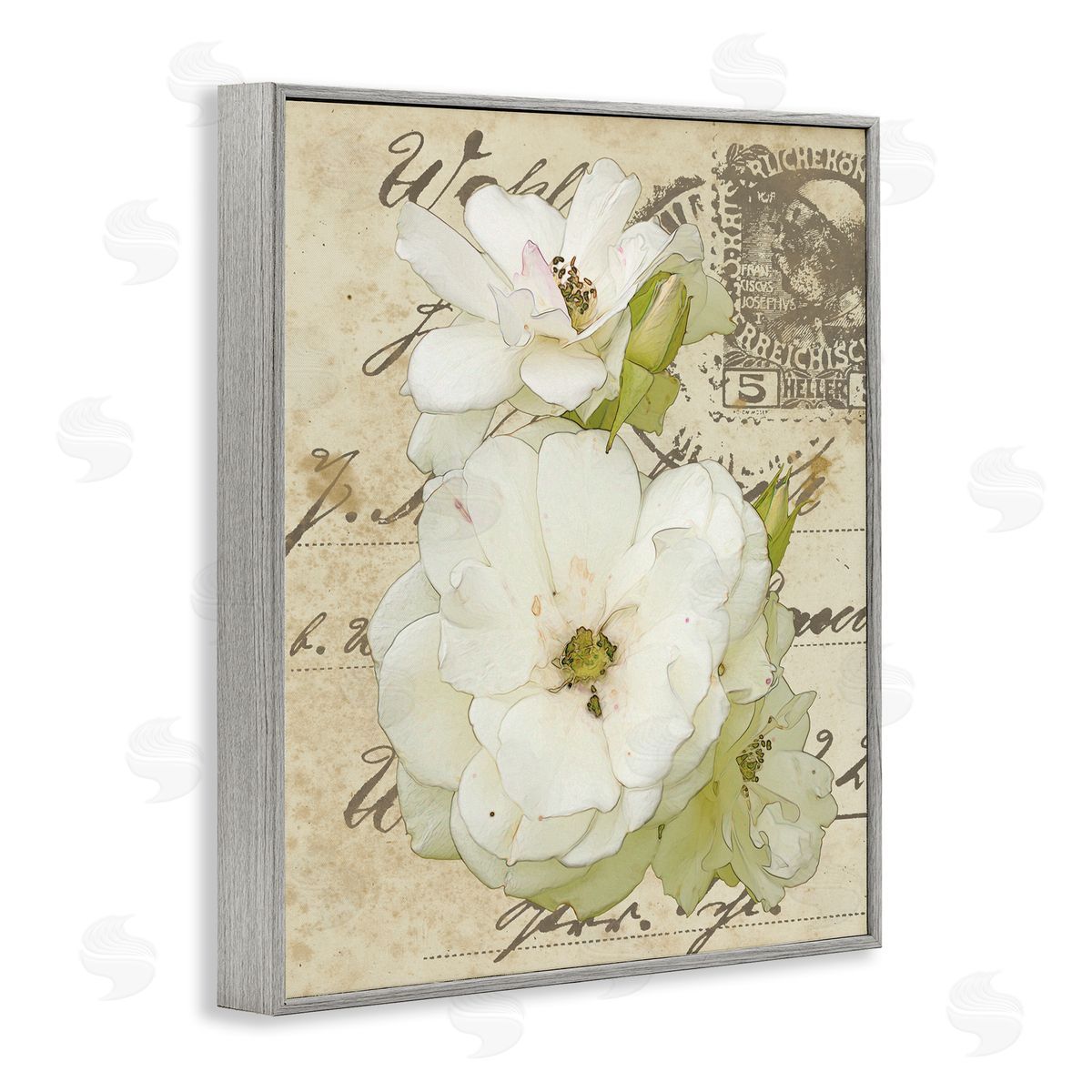 Alonzo Saunders White Country Florals over Vintage Postal Card Gray Framed Giclee Wall Art