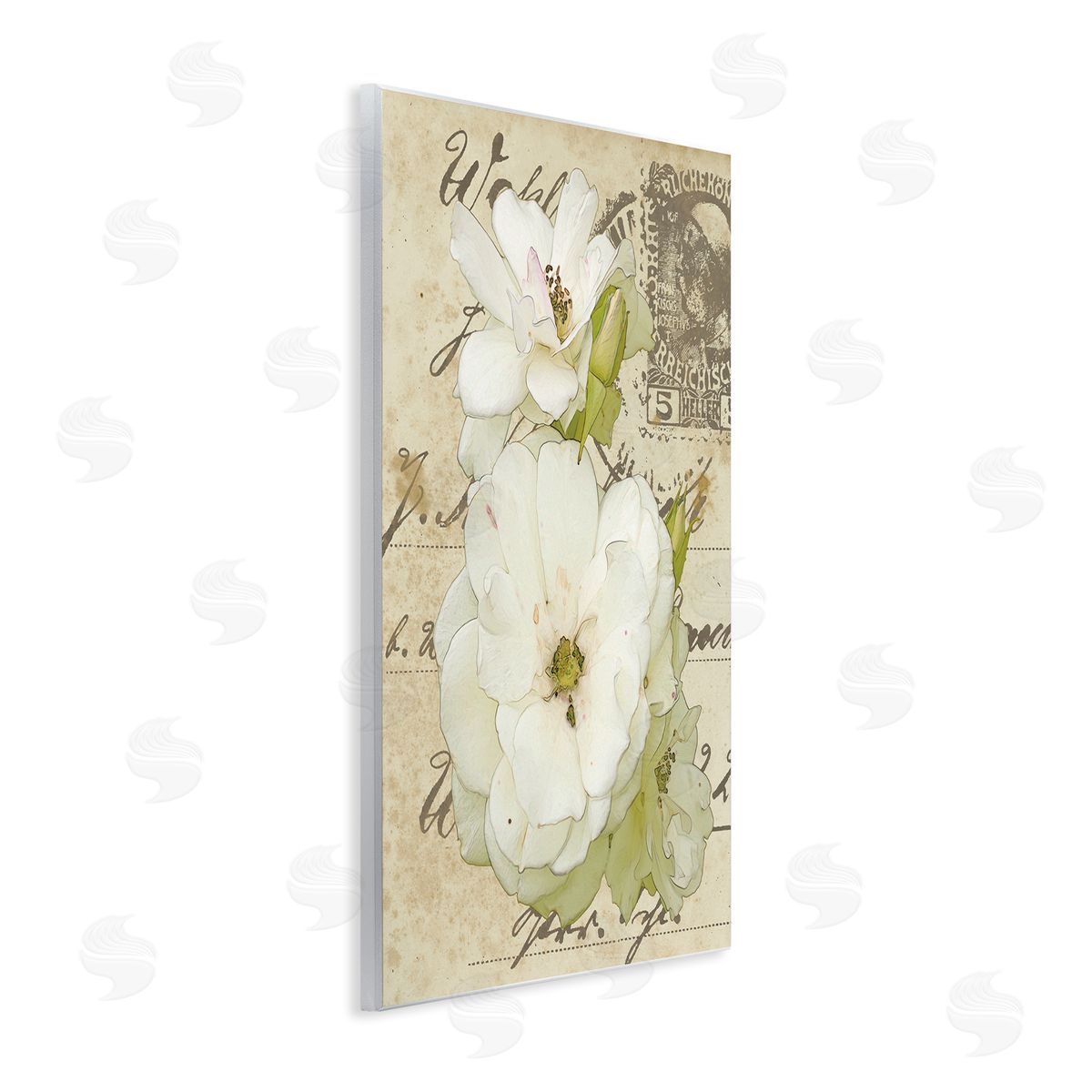 Alonzo Saunders White Country Florals over Vintage Postal Card Wall Plaque Art