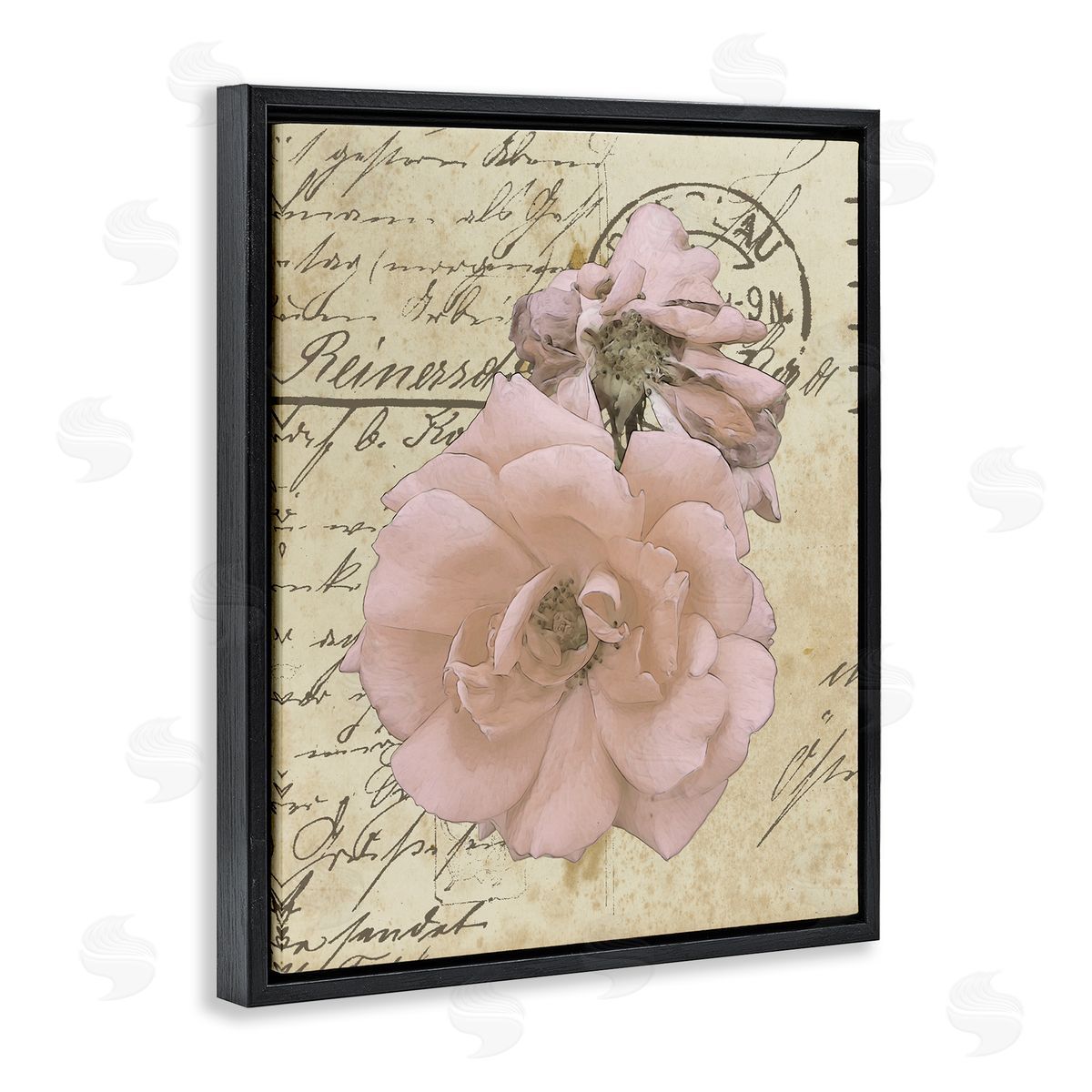 Alonzo Saunders Soft Pink Florals on Vintage Postal Letter Black Floater Frame Canvas Art