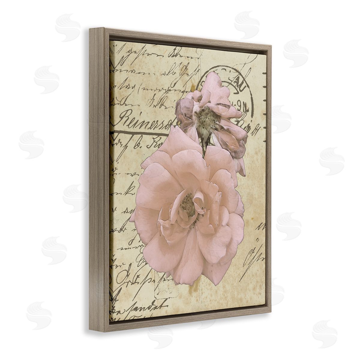 Alonzo Saunders Soft Pink Florals on Vintage Postal Letter Brown Floater Frame Canvas Art