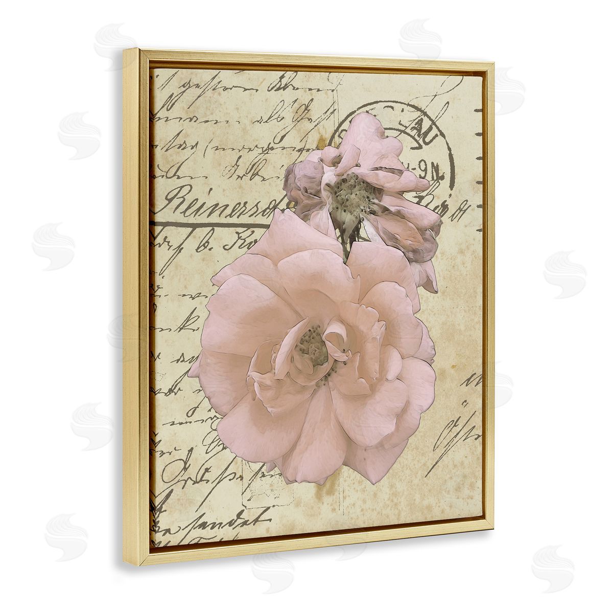 Alonzo Saunders Soft Pink Florals on Vintage Postal Letter Gold Floater Frame Canvas Art