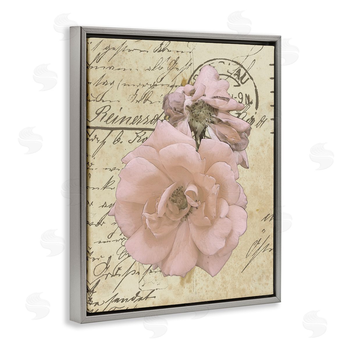 Alonzo Saunders Soft Pink Florals on Vintage Postal Letter Gray Floater Frame Canvas Art