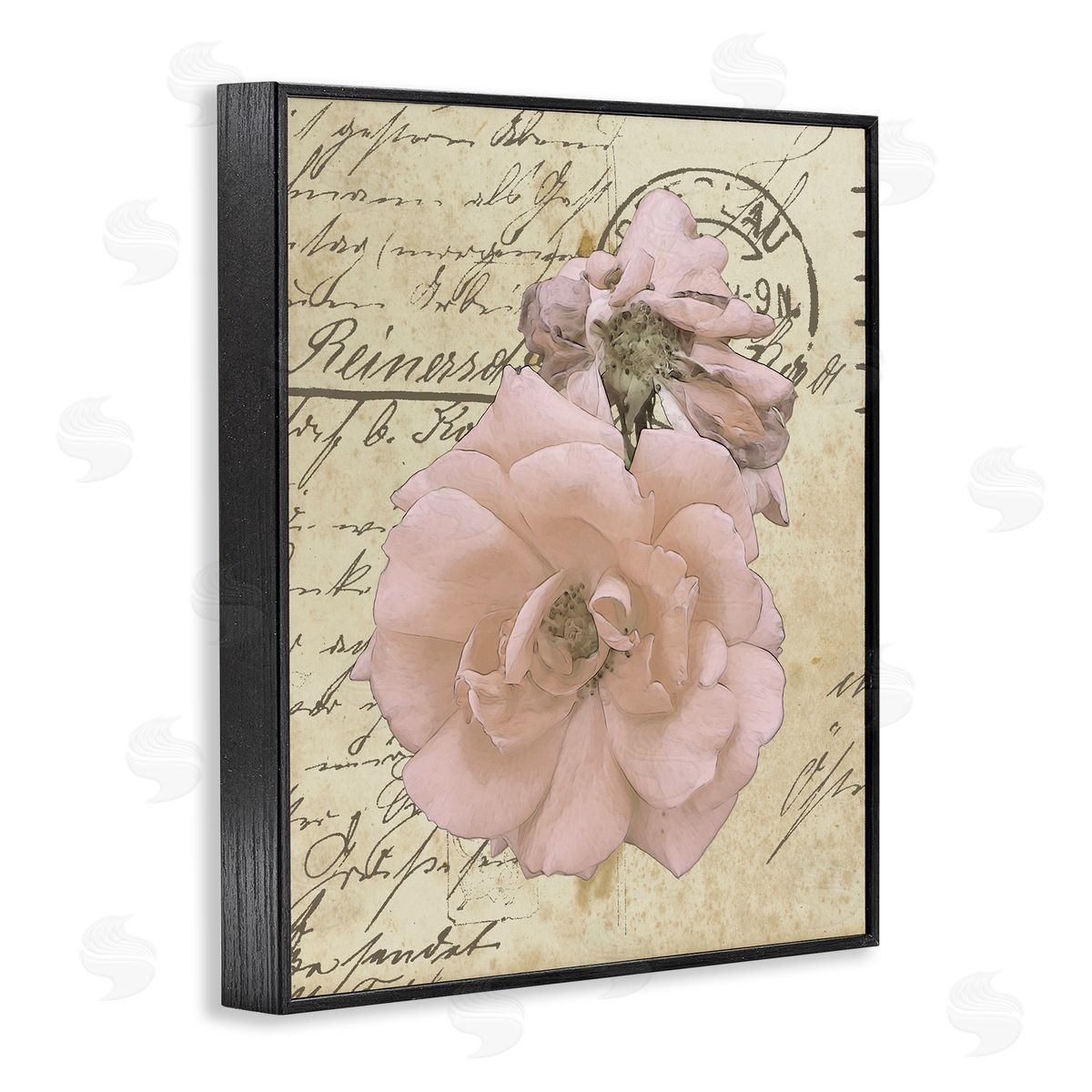 Alonzo Saunders Soft Pink Florals on Vintage Postal Letter Black Framed Giclee Wall Art