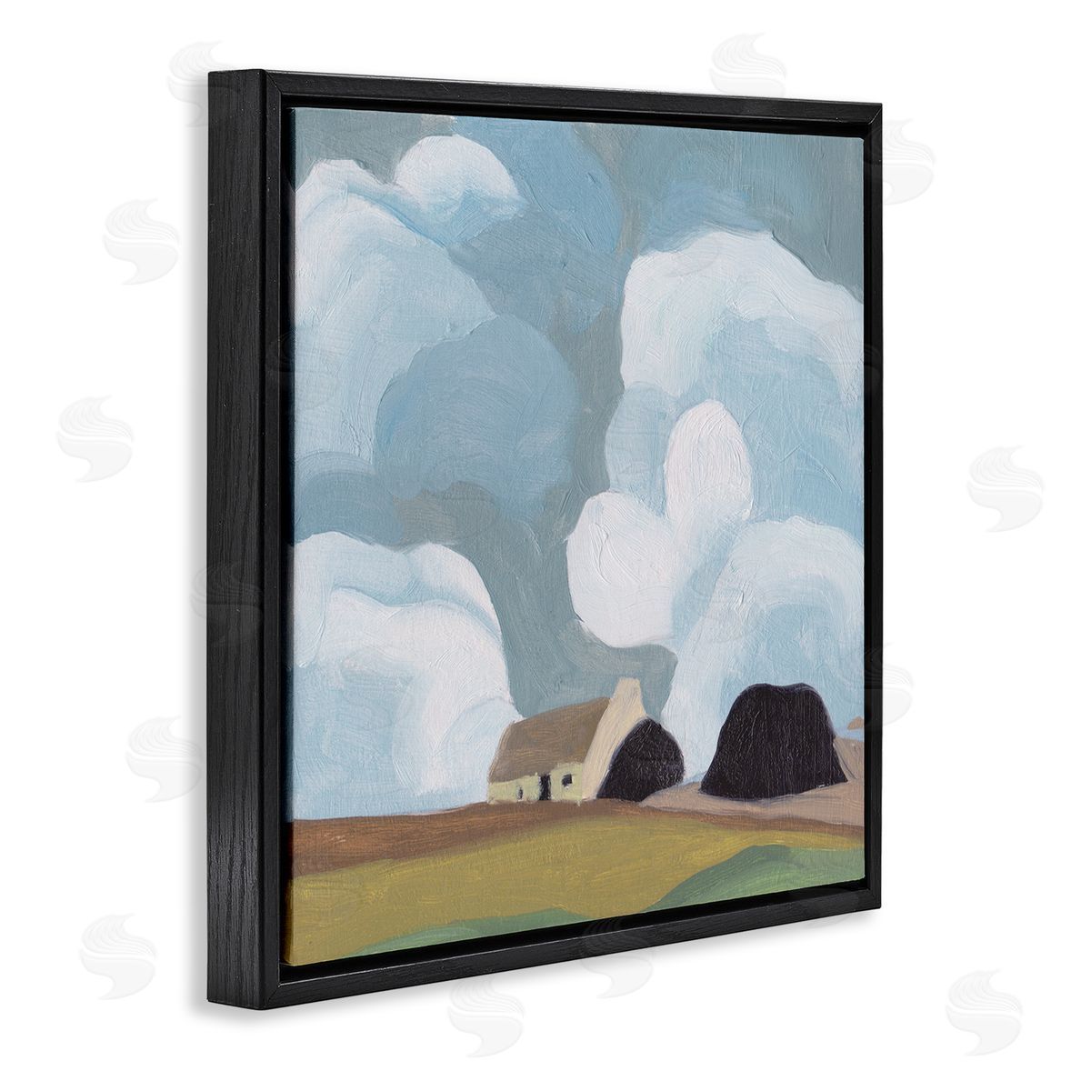 Melissa Wang Cloudy Sky Country Cottage Landscape Soft Meadow Black Floating Frame Canvas Wall Art Print