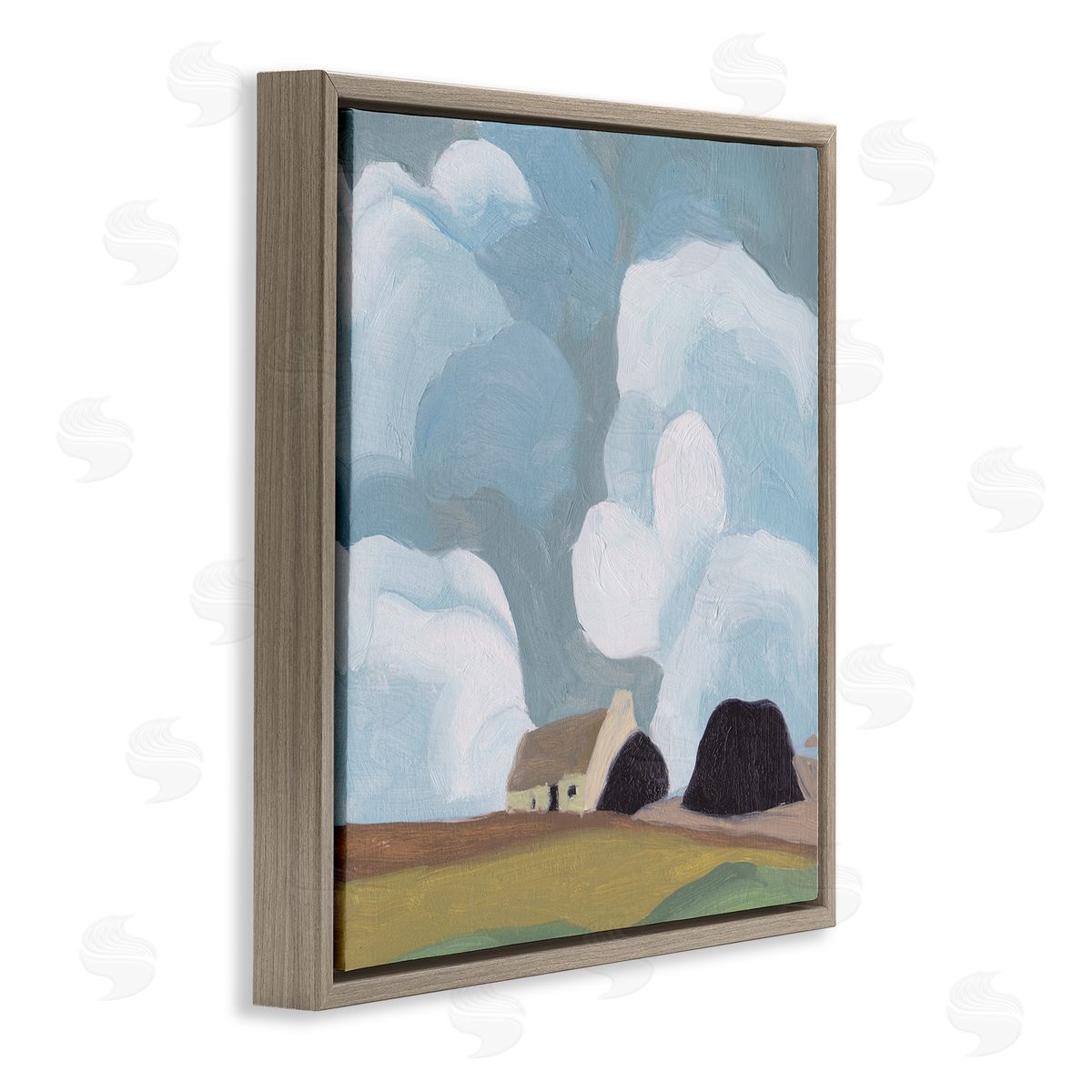 Melissa Wang Cloudy Sky Country Cottage Landscape Soft Meadow Brown Floating Frame Canvas Wall Art Print