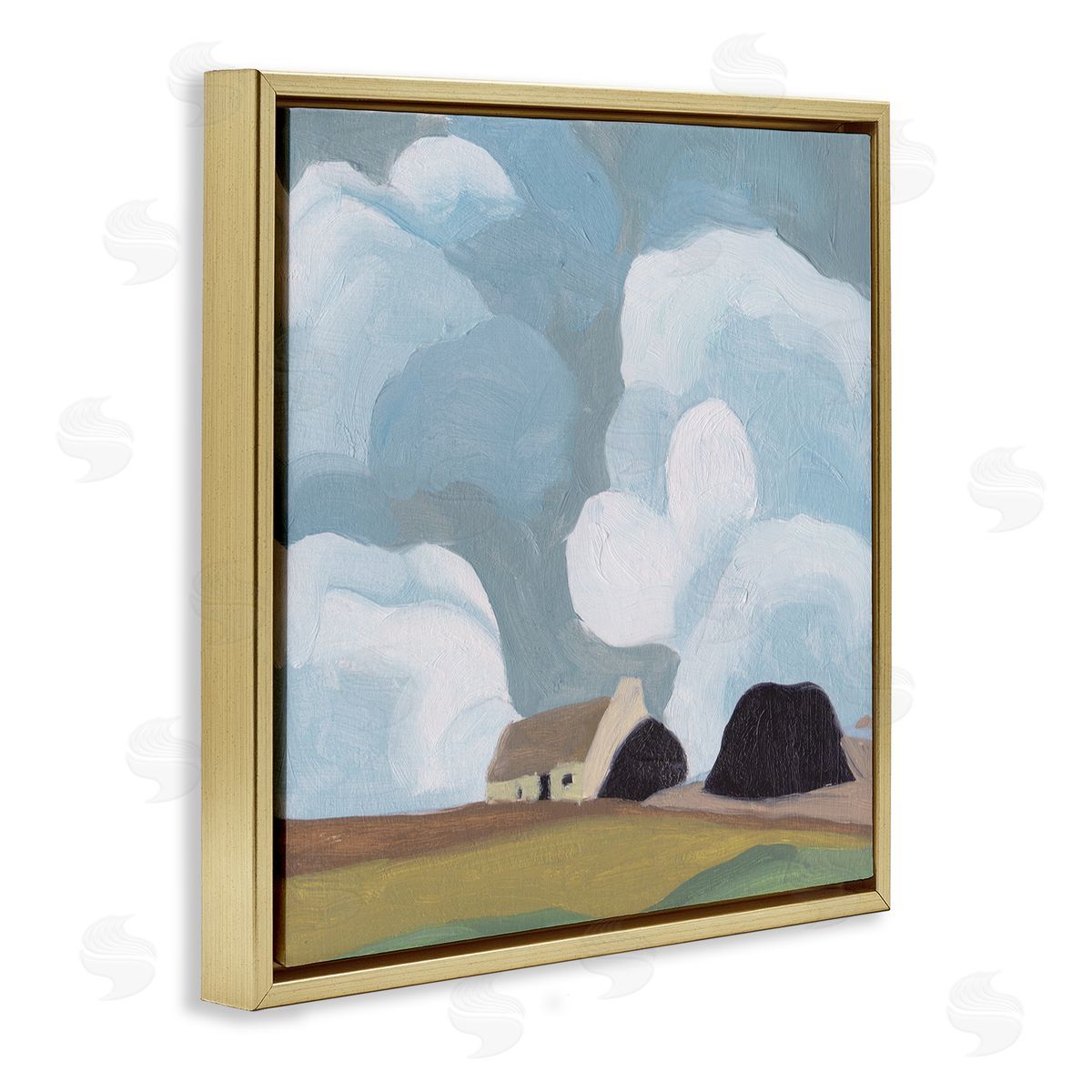 Melissa Wang Cloudy Sky Country Cottage Landscape Soft Meadow Gold Floating Frame Canvas Wall Art Print
