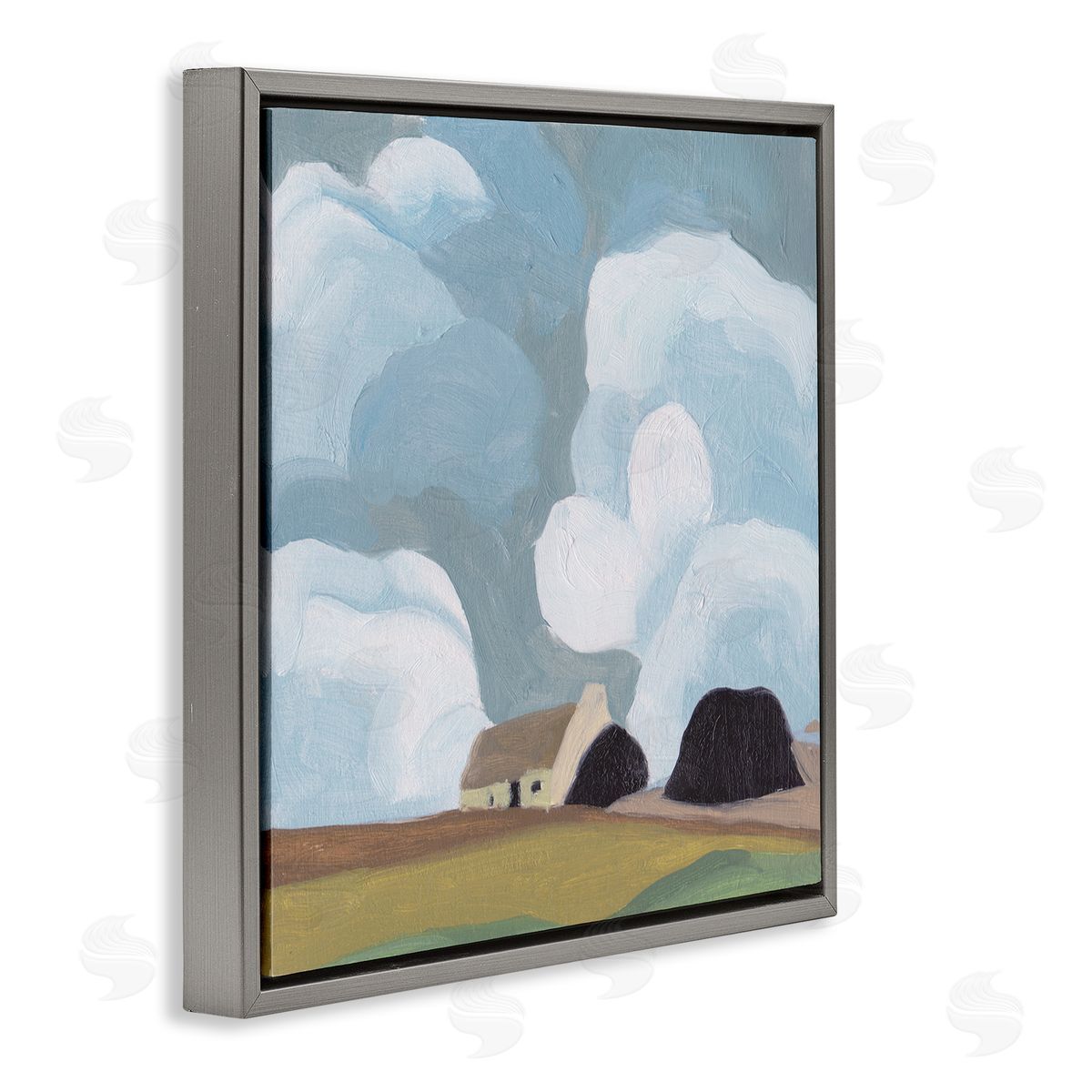 Melissa Wang Cloudy Sky Country Cottage Landscape Soft Meadow Gray Floating Frame Canvas Wall Art Print