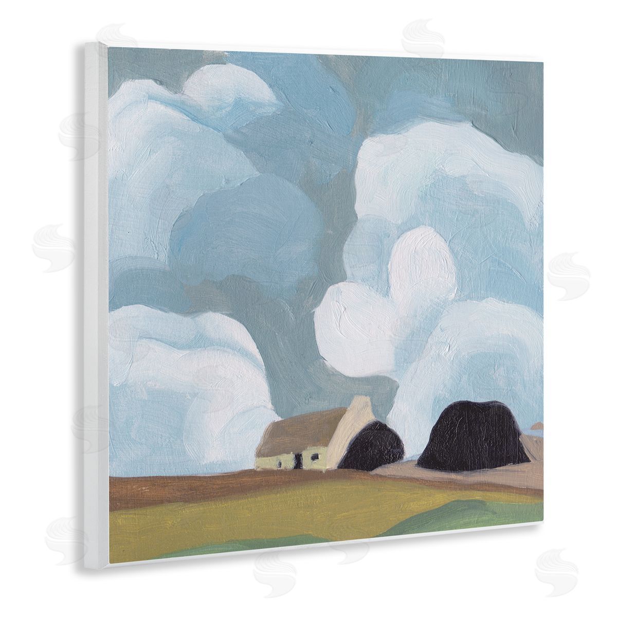 Melissa Wang Cloudy Sky Country Cottage Landscape Soft Meadow Wooden Wall Plaque Art Print