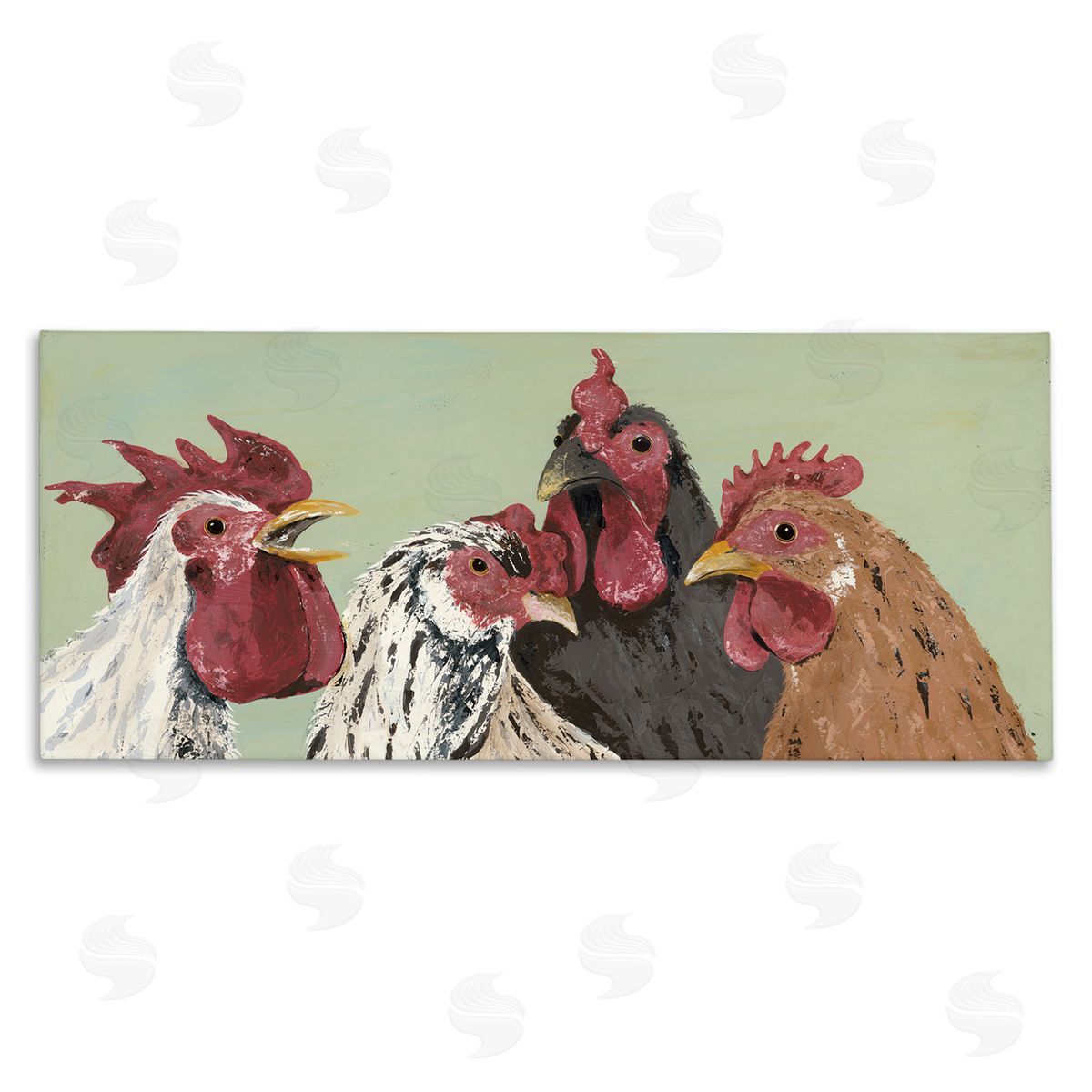 Four Roosters over Green Canvas Wall Art, Home Decor by Jade Reynolds