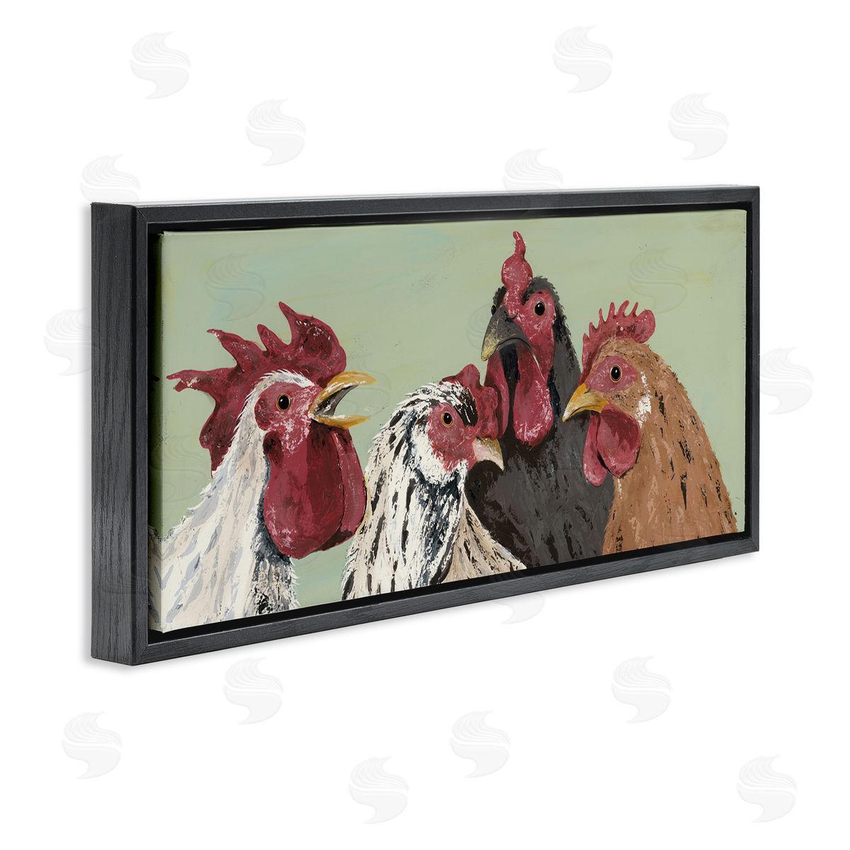 Four Roosters over Green Black Floating Frame Canvas Wall Art, Home Decor by Jade Reynolds