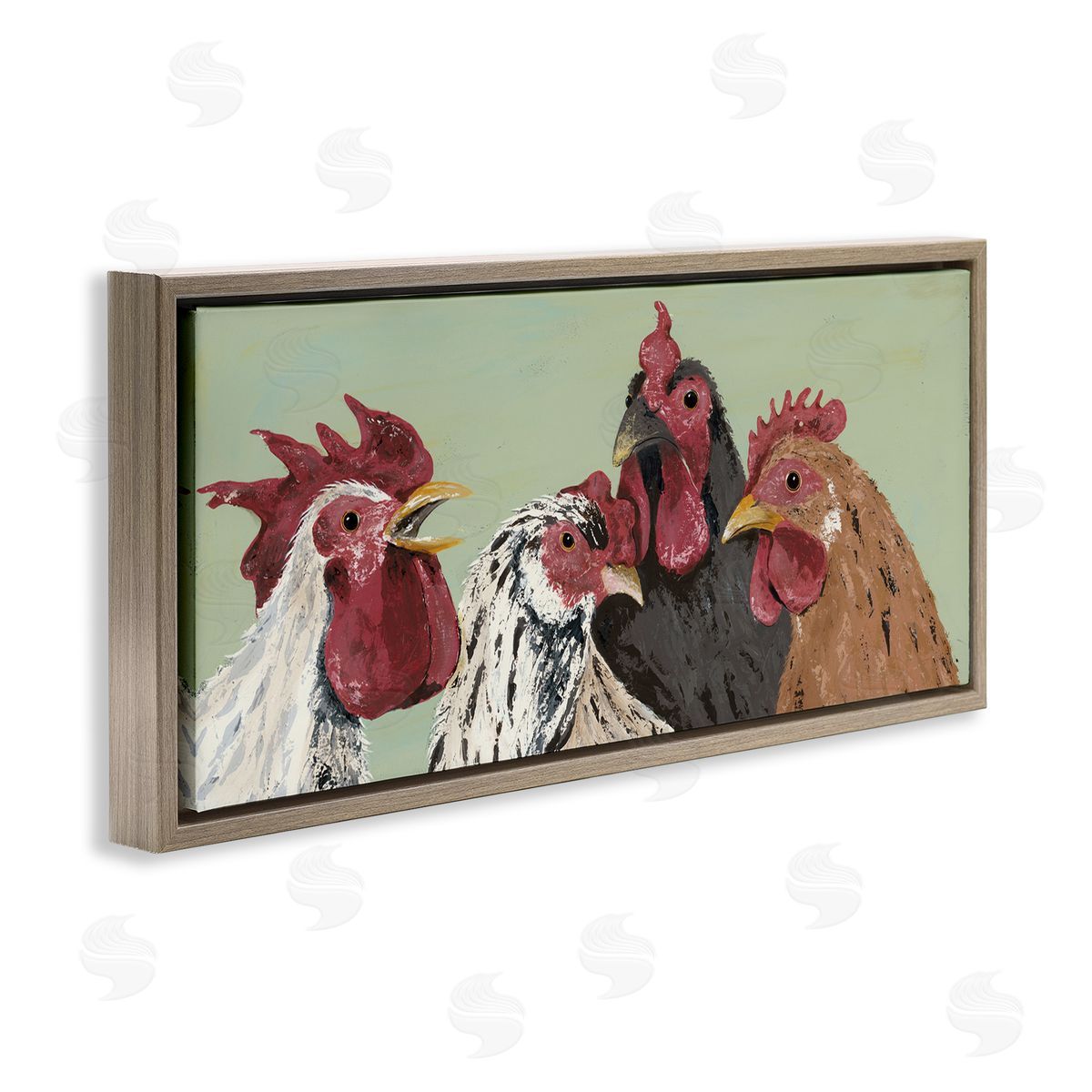 Four Roosters over Green Brown Floating Frame Canvas Wall Art, Home Decor by Jade Reynolds