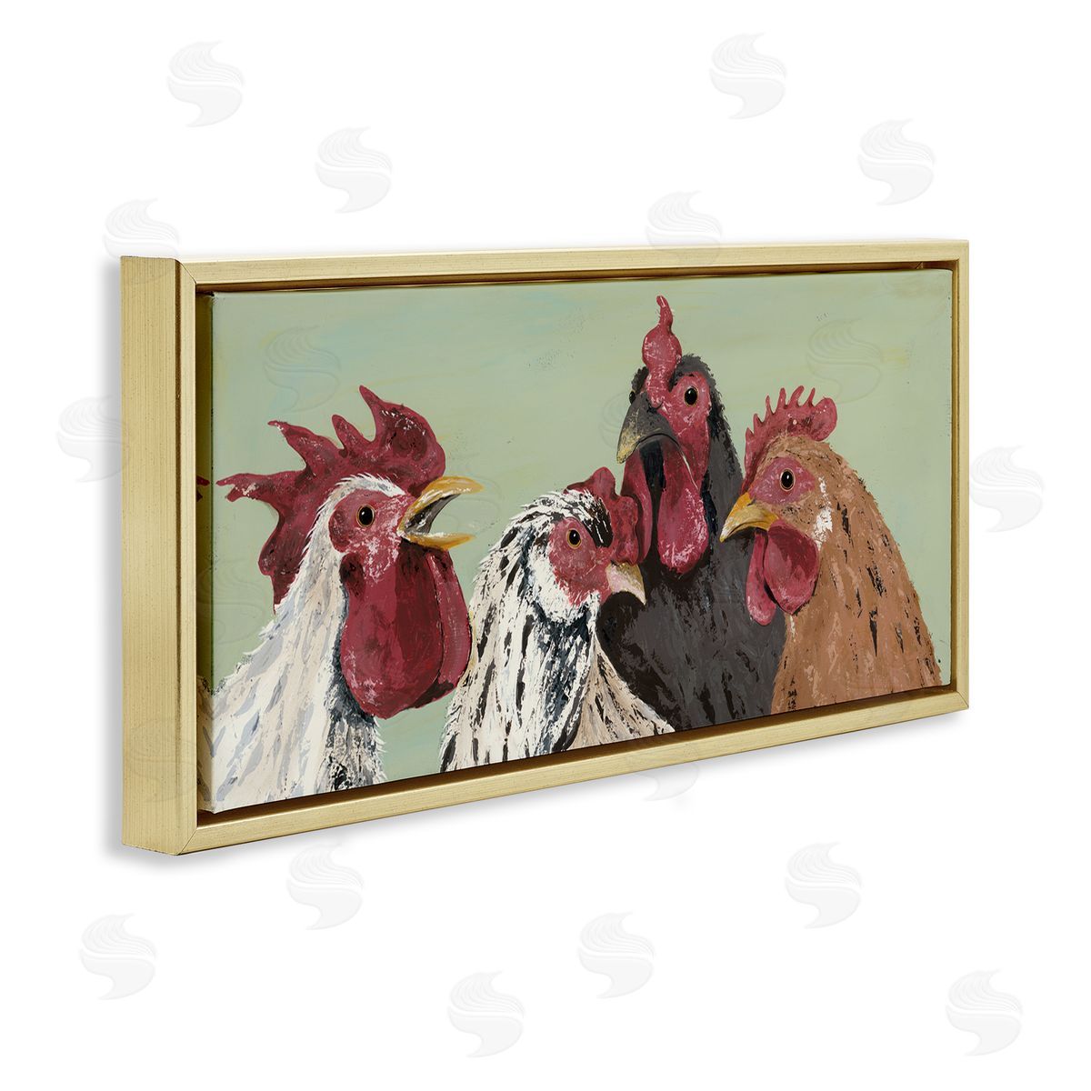 Four Roosters over Green Gold Floating Frame Canvas Wall Art, Home Decor by Jade Reynolds