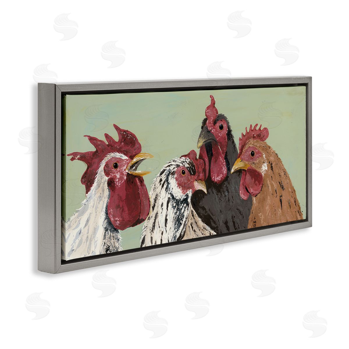 Four Roosters over Green Grey Floating Frame Canvas Wall Art, Home Decor by Jade Reynolds