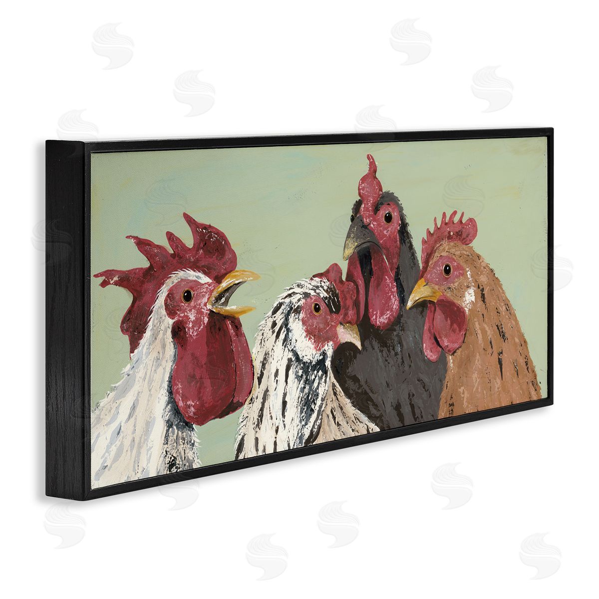 Four Roosters over Green Black Frame Print Wall Art, Home Decor by Jade Reynolds