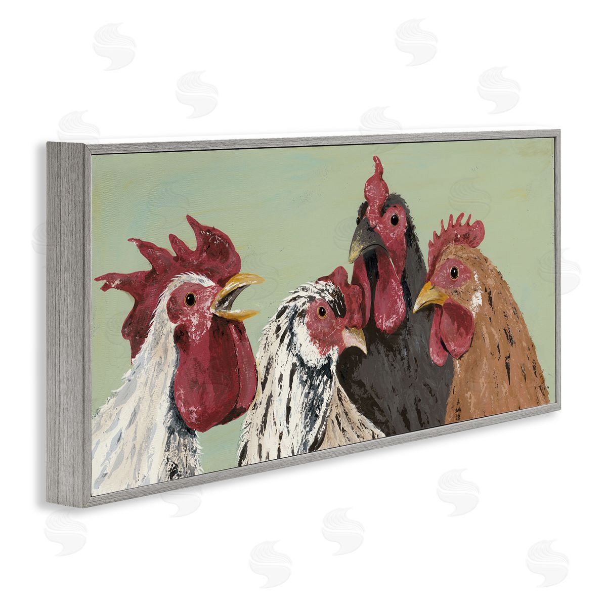 Four Roosters over Green Grey Frame Print Wall Art, Home Decor by Jade Reynolds
