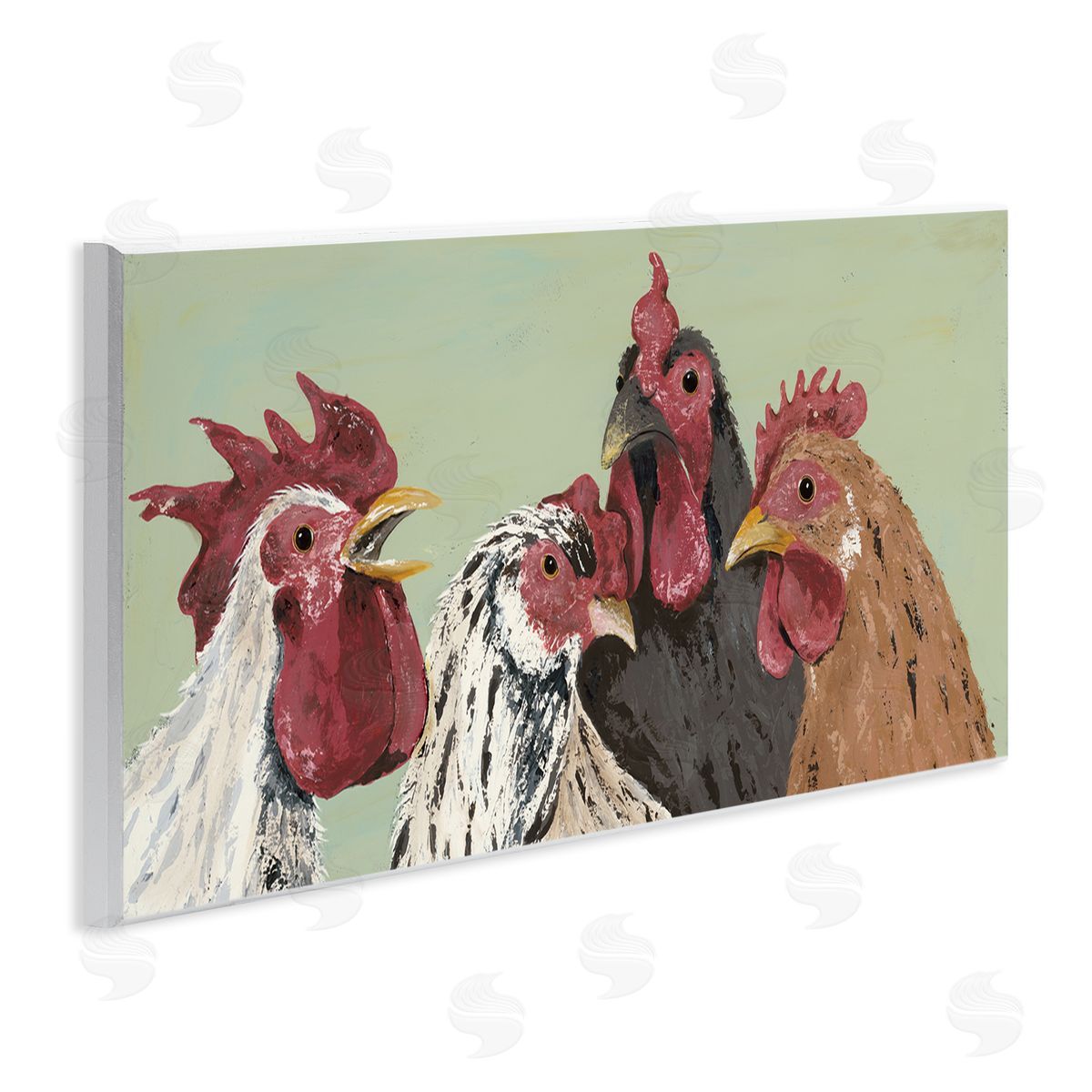 Four Roosters over Green Wood Plaque Wall Art, Home Decor by Jade Reynolds