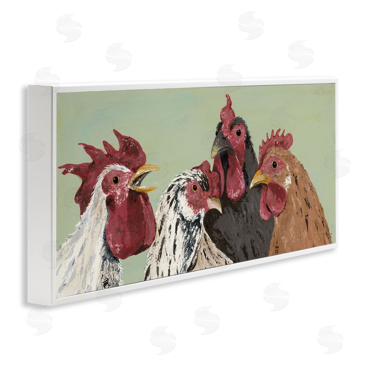 Four Roosters over Green White Frame Print Wall Art, Home Decor by Jade Reynolds