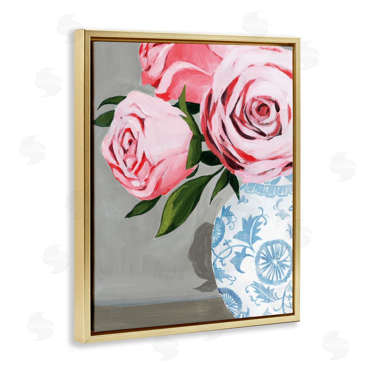 Grace Popp Blossoming Pink Roses in Ornate Blue Vase