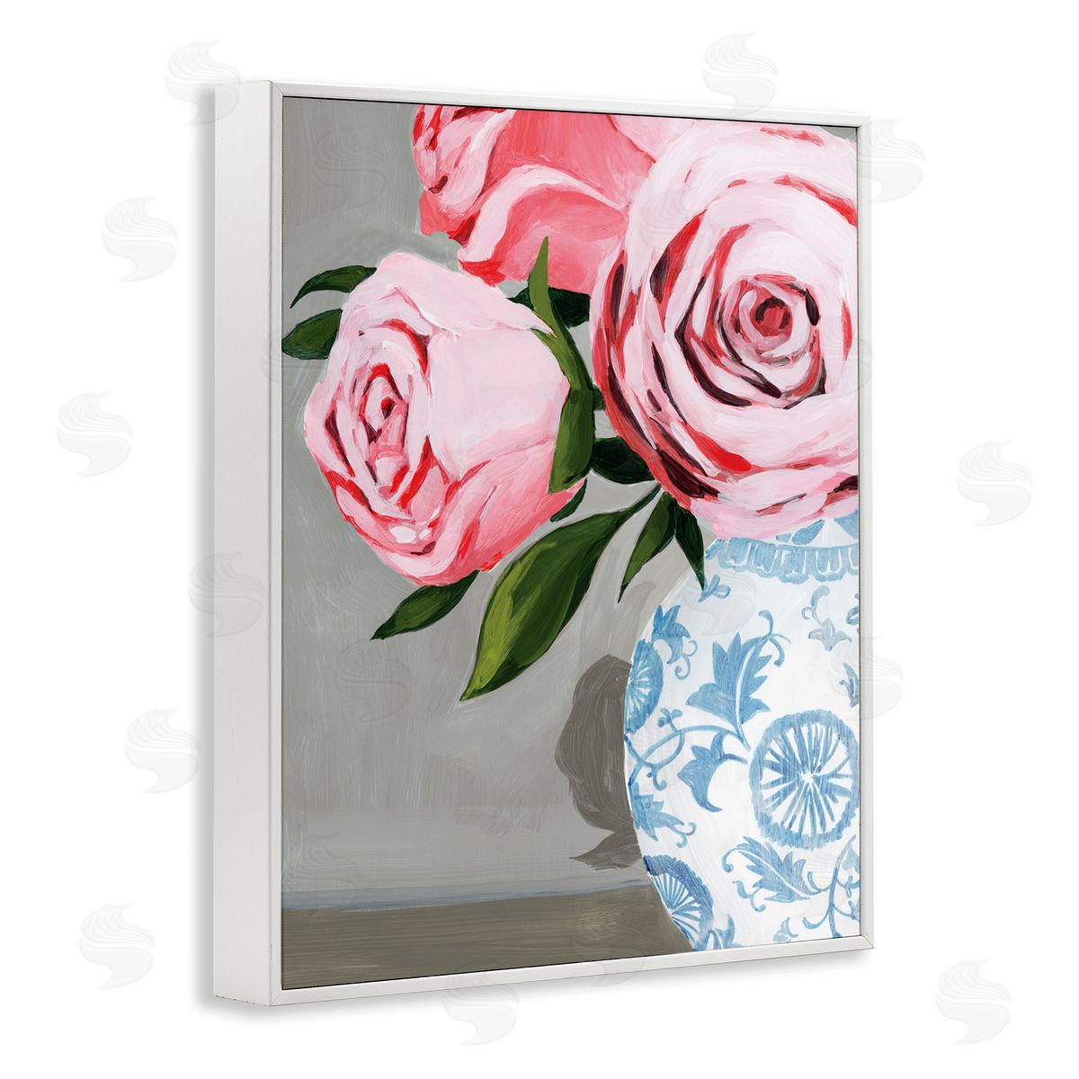 Grace Popp Blossoming Pink Roses in Ornate Blue Vase