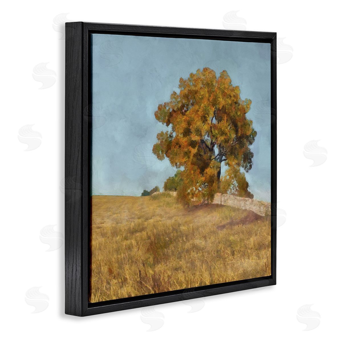 Alonzo Saunders Autumn Tree on Grassy Hill Country Landscape Black Floating Frame Canvas Wall Art Print