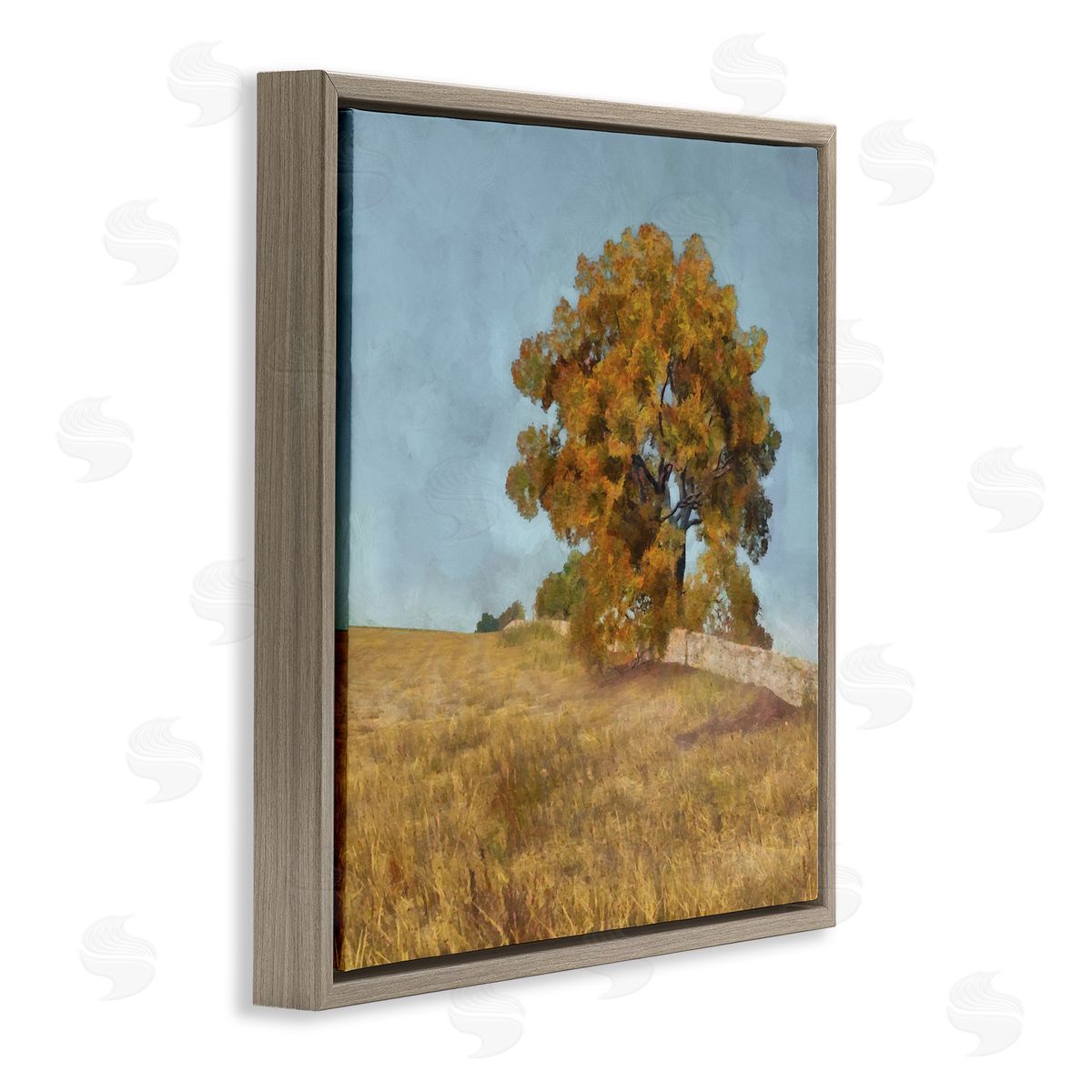 Alonzo Saunders Autumn Tree on Grassy Hill Country Landscape Brown Floating Frame Canvas Wall Art Print