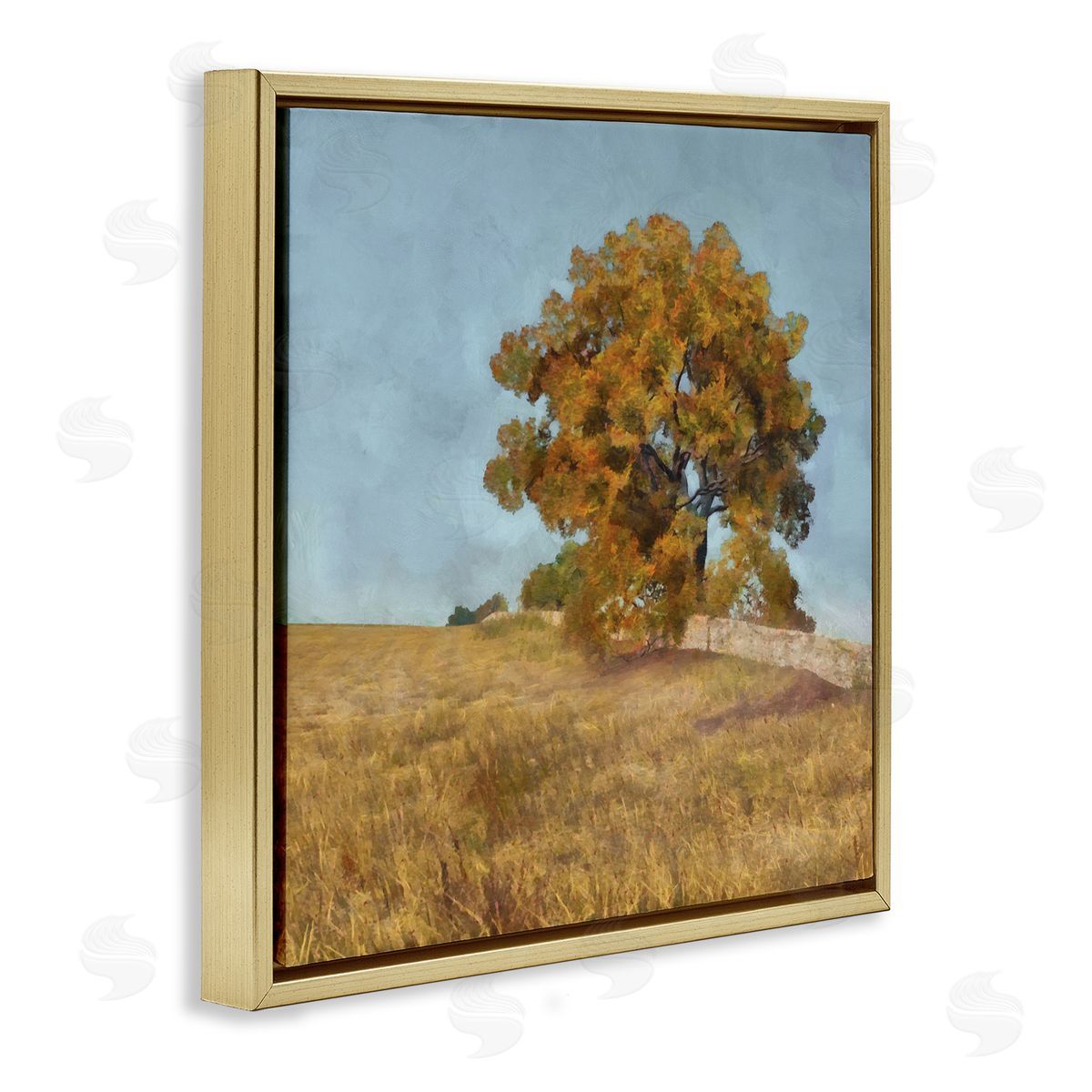 Alonzo Saunders Autumn Tree on Grassy Hill Country Landscape Gold Floating Frame Canvas Wall Art Print