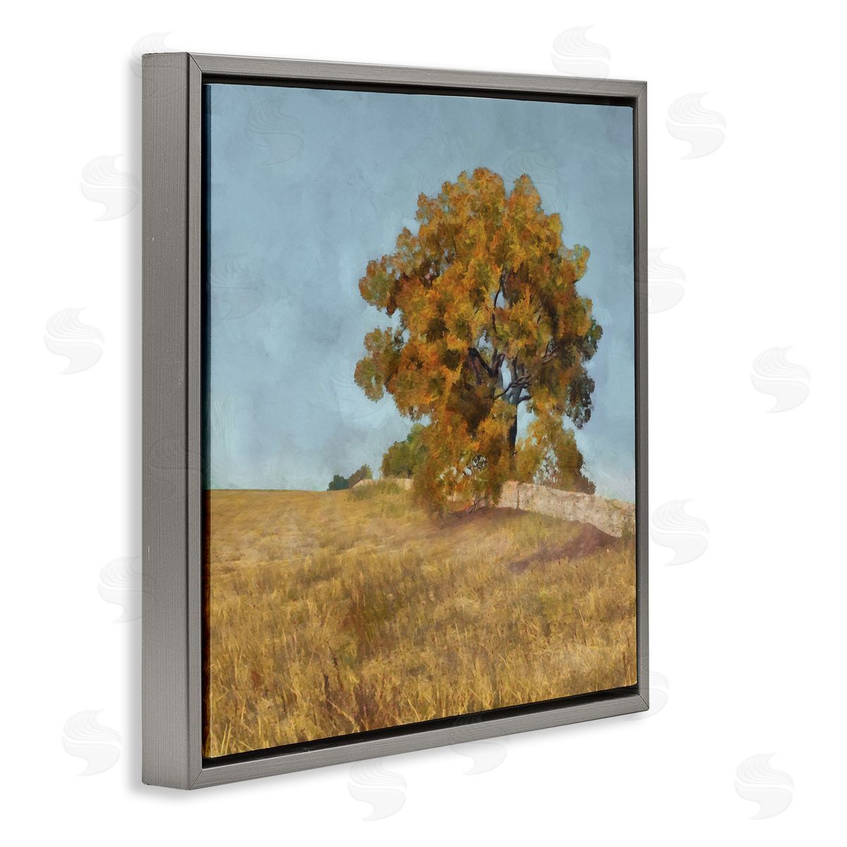 Alonzo Saunders Autumn Tree on Grassy Hill Country Landscape Gray Floating Frame Canvas Wall Art Print