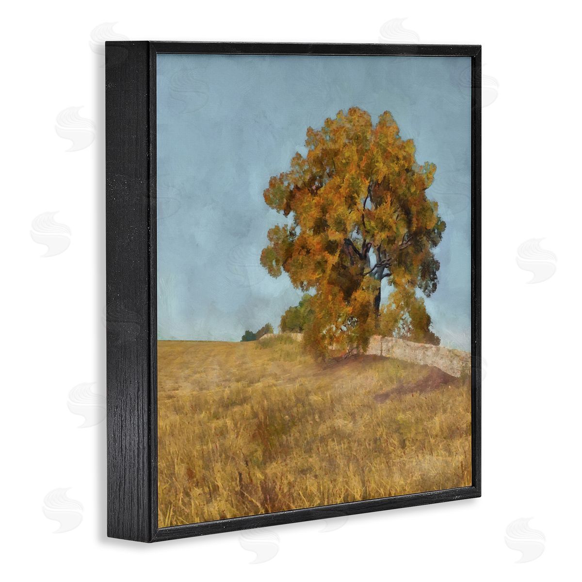 Alonzo Saunders Autumn Tree on Grassy Hill Country Landscape Black Framed Glicee Wall Art Print