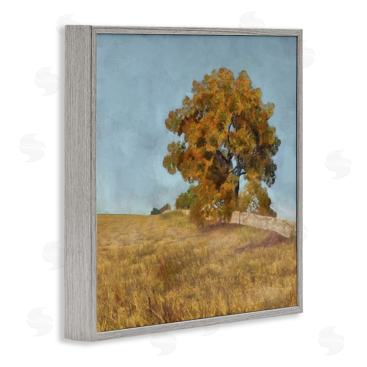 Alonzo Saunders Autumn Tree on Grassy Hill Country Landscape Gray Framed Glicee Wall Art Print