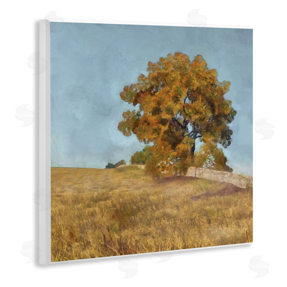 Alonzo Saunders Autumn Tree on Grassy Hill Country Landscape Wooden Wall Plaque Art Print