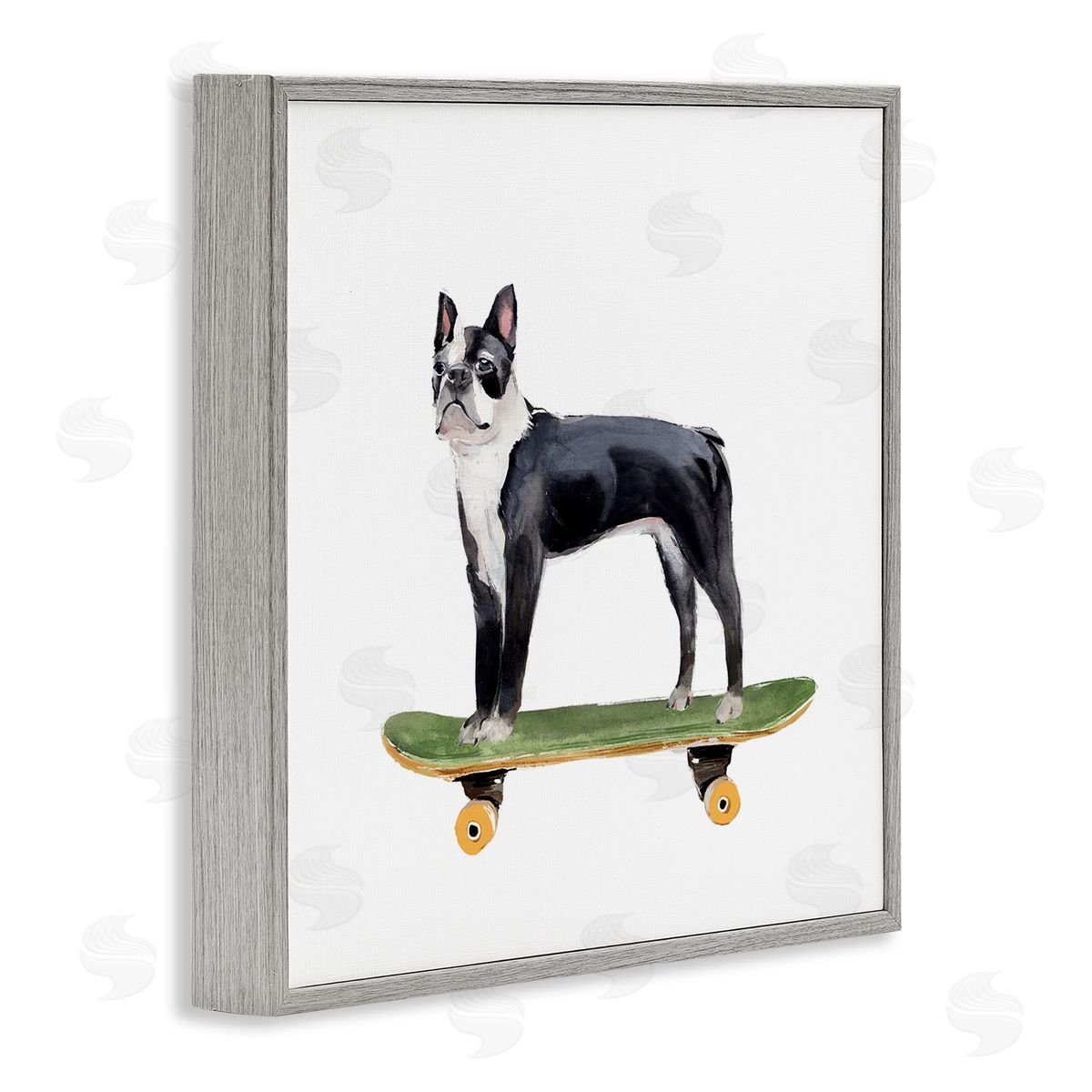 Annie Warren Curious Boston Terroir Pet Dog on Green Skateboard Gray Framed Glicee Wall Art Print