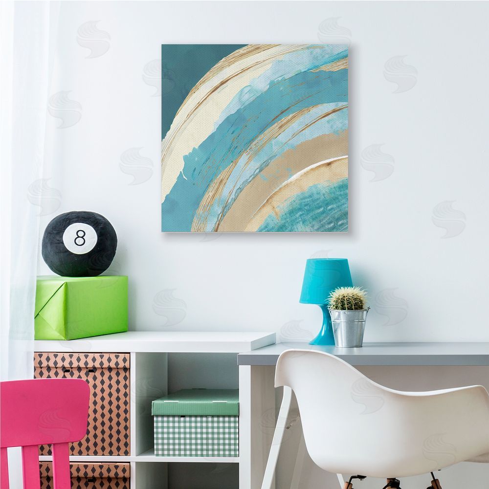 Flora Kouta Blue Wave Rainbow Abstract Blue Beige Arches Canvas Wall Art in Room