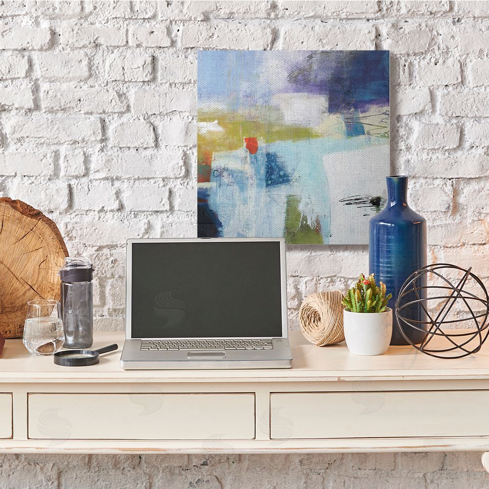 Pamela K. Beer Modern Abstract Collage Blue Green White Canvas Wall Art in Room