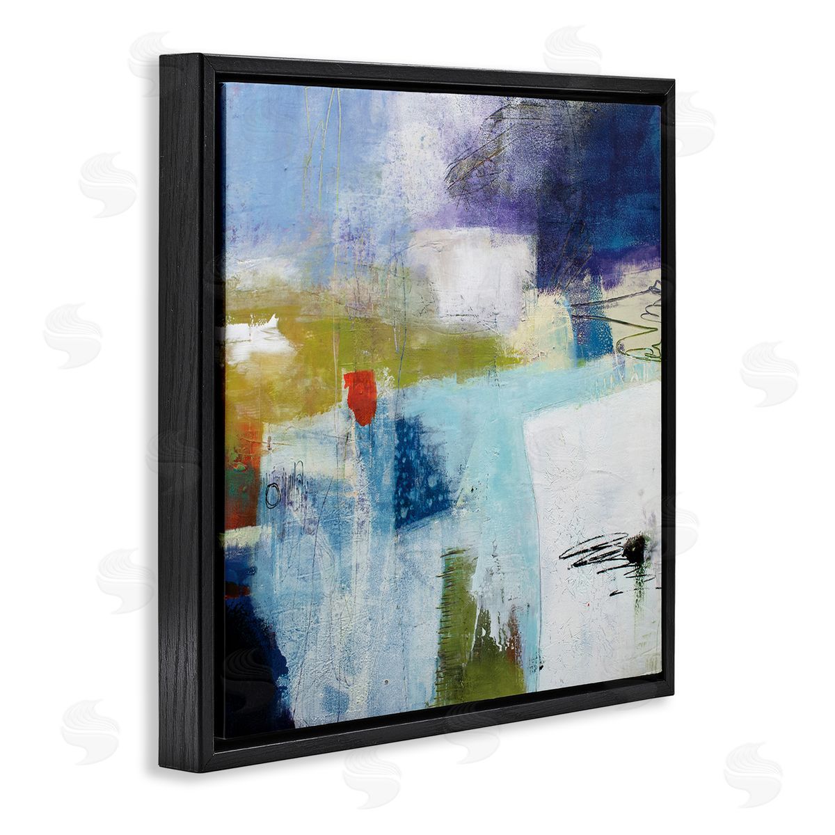 Pamela K. Beer Modern Abstract Collage Blue Green White Black Floating Frame Canvas Wall Art Print
