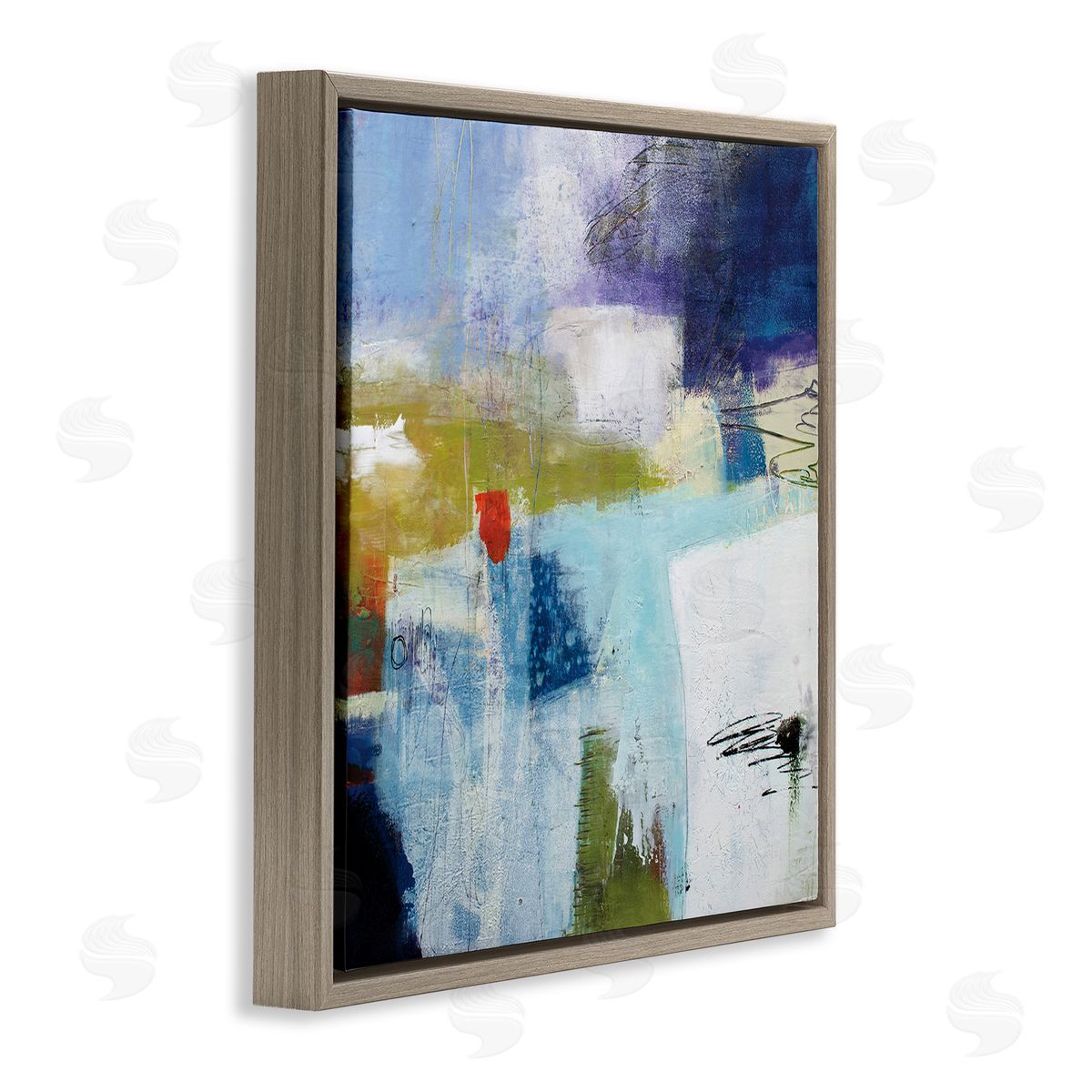 Pamela K. Beer Modern Abstract Collage Blue Green White Brown Floating Frame Canvas Wall Art Print