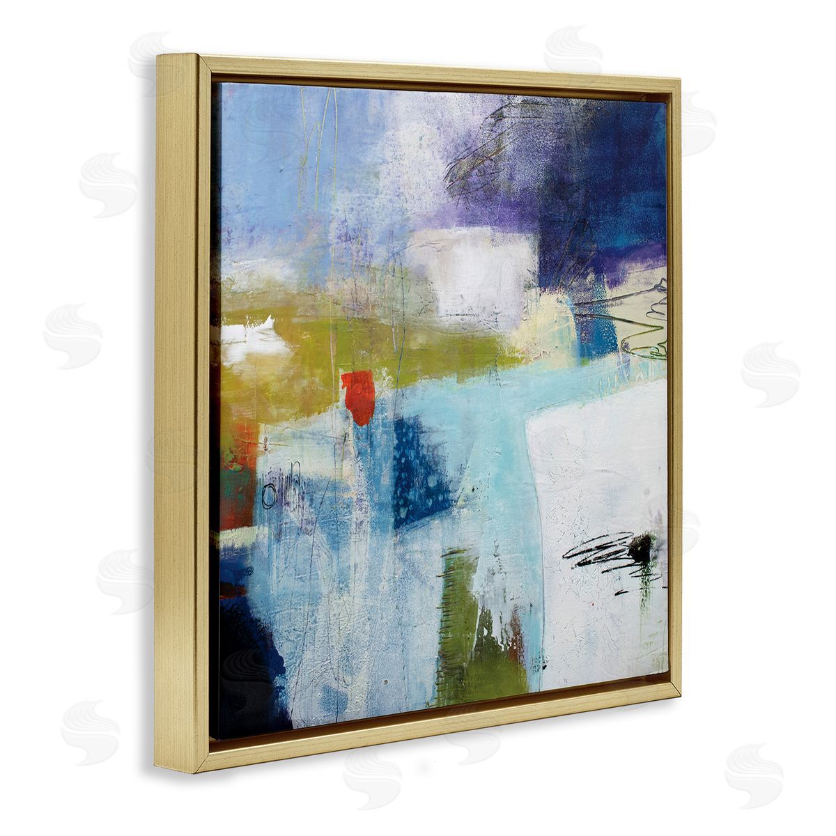 Pamela K. Beer Modern Abstract Collage Blue Green White Gold Floating Frame Canvas Wall Art Print