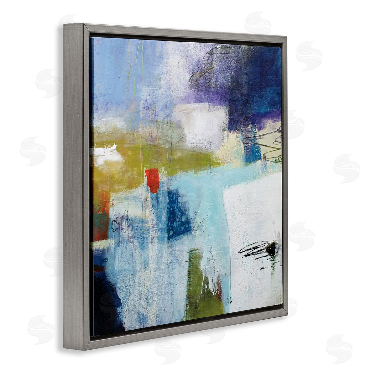 Pamela K. Beer Modern Abstract Collage Blue Green White Gray Floating Frame Canvas Wall Art Print