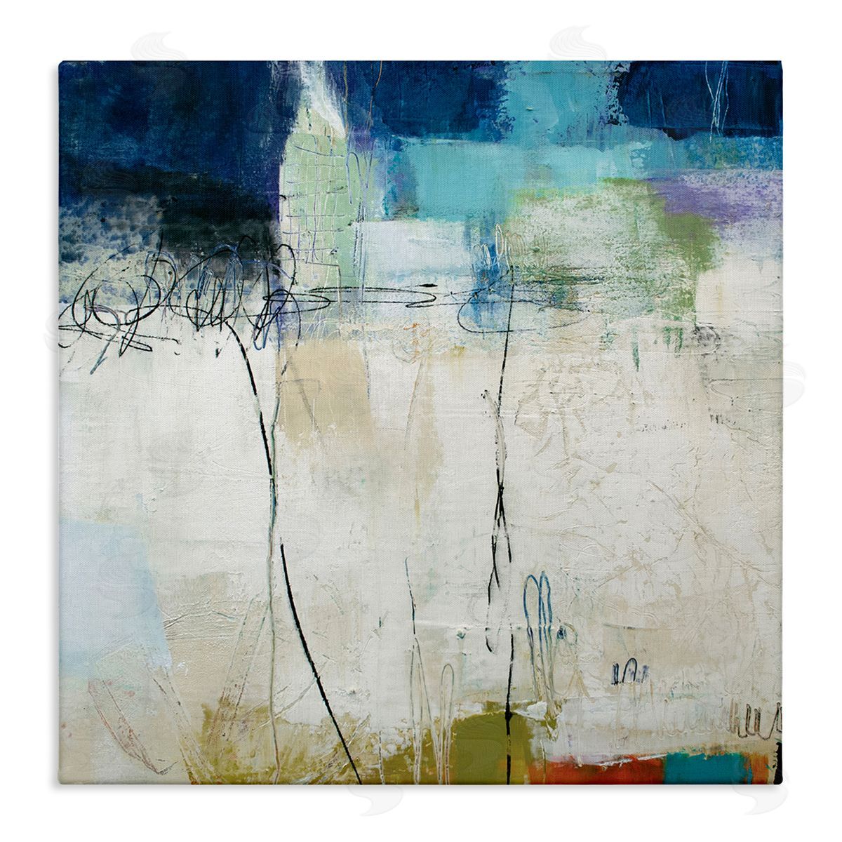 Pamela K. Beer Modern Expressive Abstract Off-White Blue Green Stretched Canvas Wall Art Print