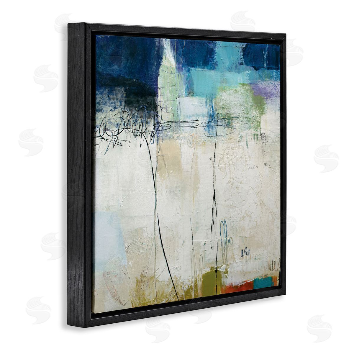 Pamela K. Beer Modern Expressive Abstract Off-White Blue Green Black Floating Frame Canvas Wall Art Print