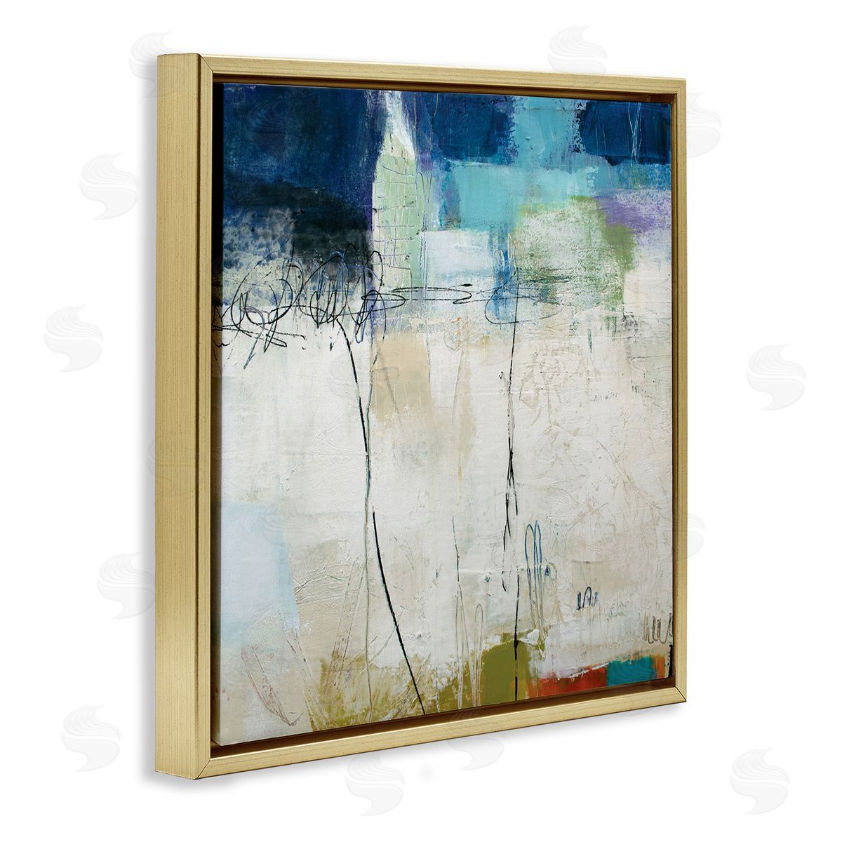 Pamela K. Beer Modern Expressive Abstract Off-White Blue Green Gold Floating Frame Canvas Wall Art Print