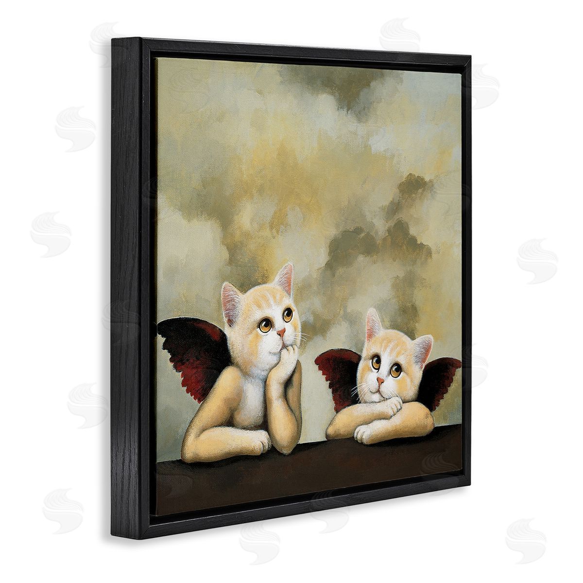 Chameleon Design Inc. Kitten Cherub Angels Classic Painting Parody Black Floating Frame Canvas Wall Art Print