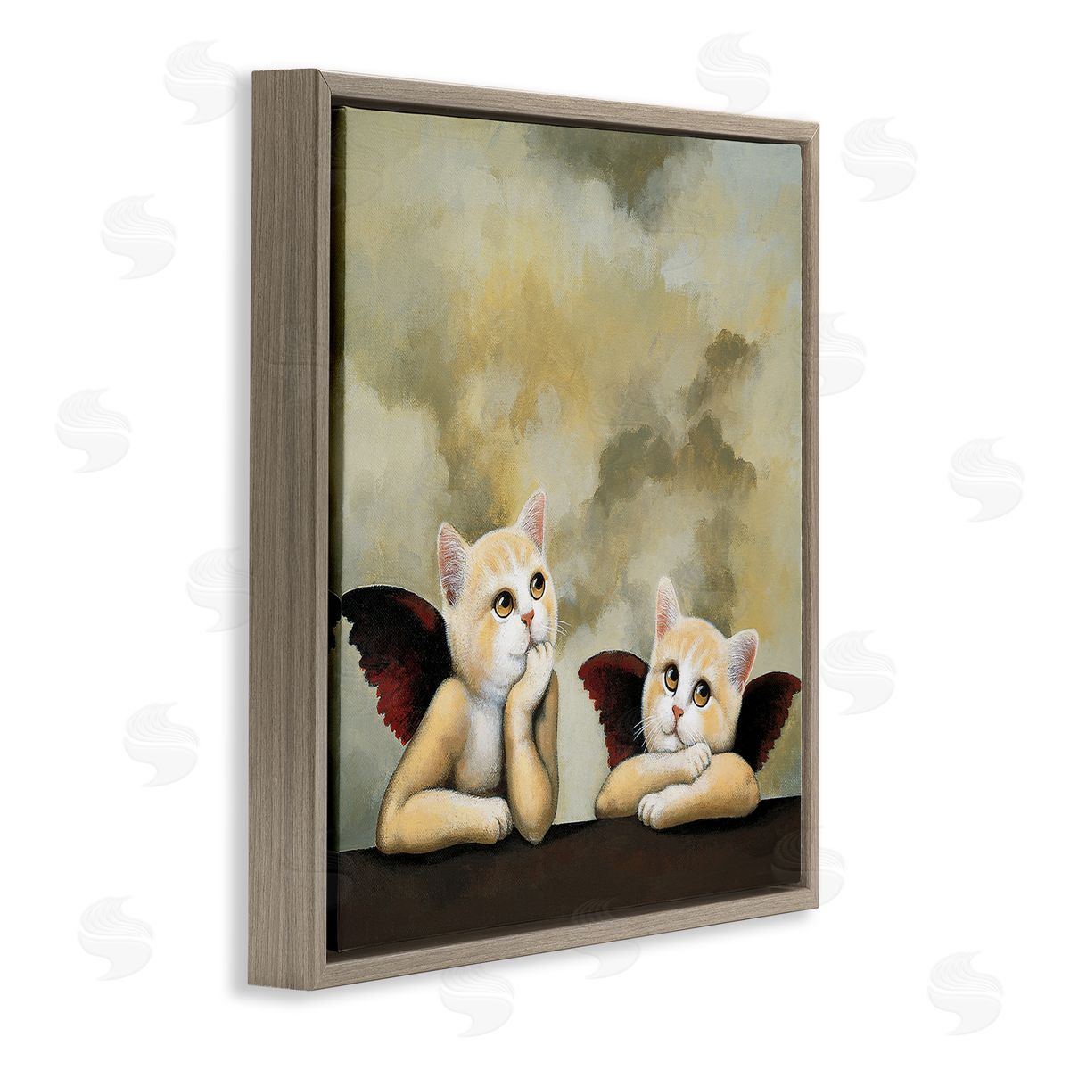 Chameleon Design Inc. Kitten Cherub Angels Classic Painting Parody Brown Floating Frame Canvas Wall Art Print