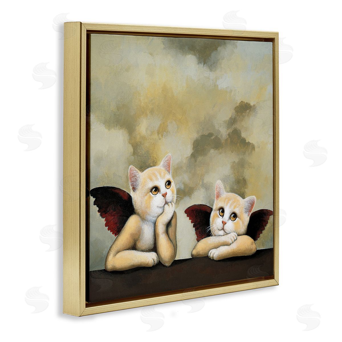 Chameleon Design Inc. Kitten Cherub Angels Classic Painting Parody Gold Floating Frame Canvas Wall Art Print