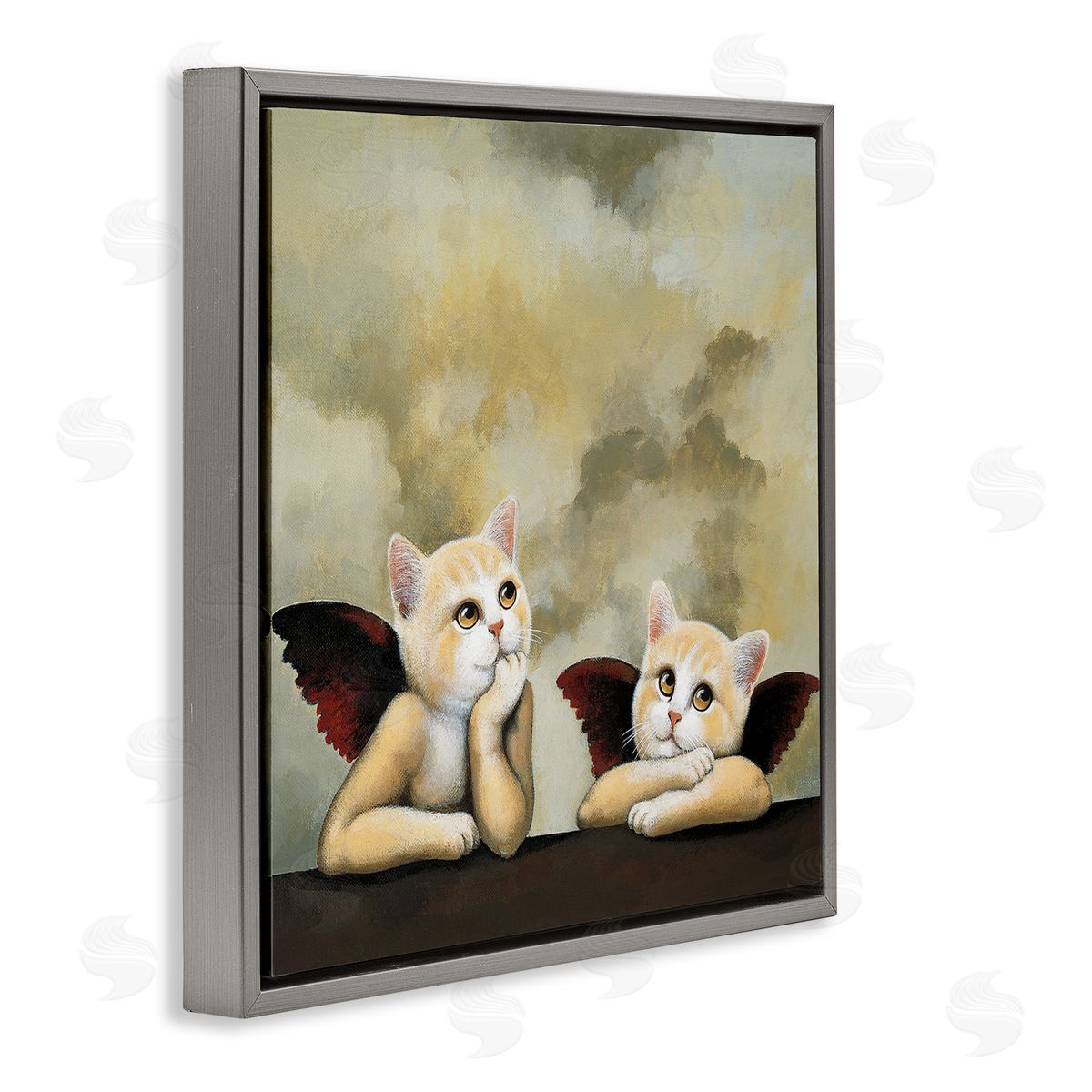Chameleon Design Inc. Kitten Cherub Angels Classic Painting Parody Gray Floating Frame Canvas Wall Art Print