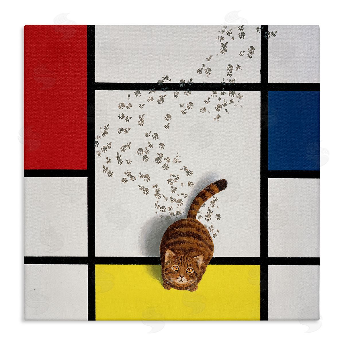 Chameleon Design Inc. Classical Mondrian Abstract Cat Painting Parody Stretched Canvas Wall Art Print