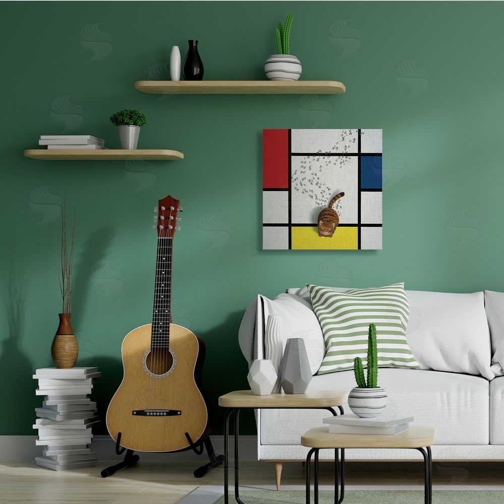 Chameleon Design Inc. Classical Mondrian Abstract Cat Painting Parody Canvas Wall Art in Room