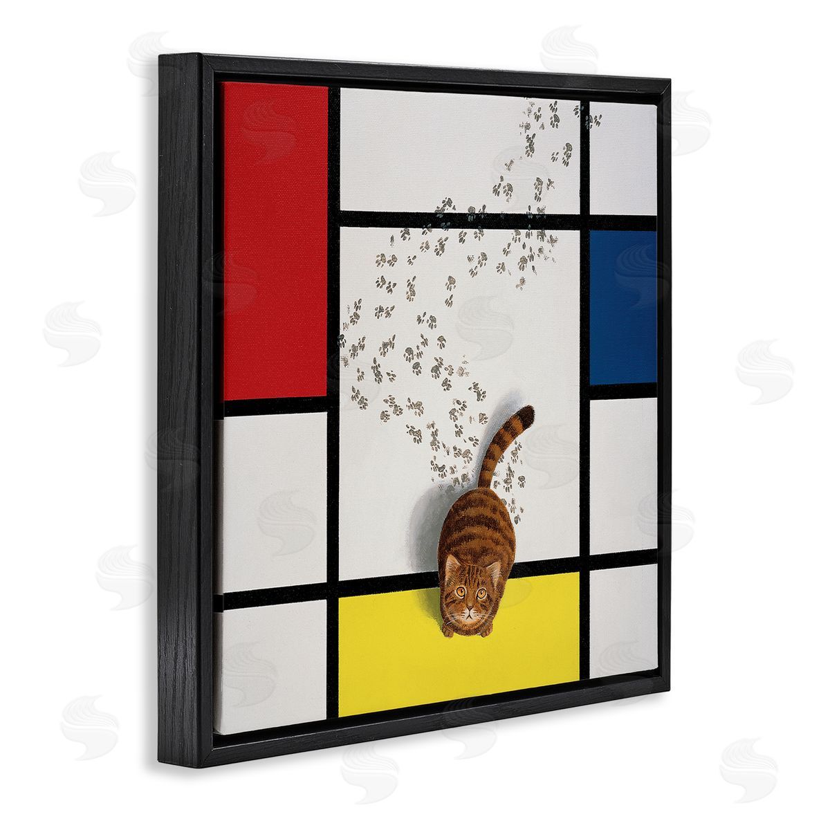 Chameleon Design Inc. Classical Mondrian Abstract Cat Painting Parody Black Floating Frame Canvas Wall Art Print