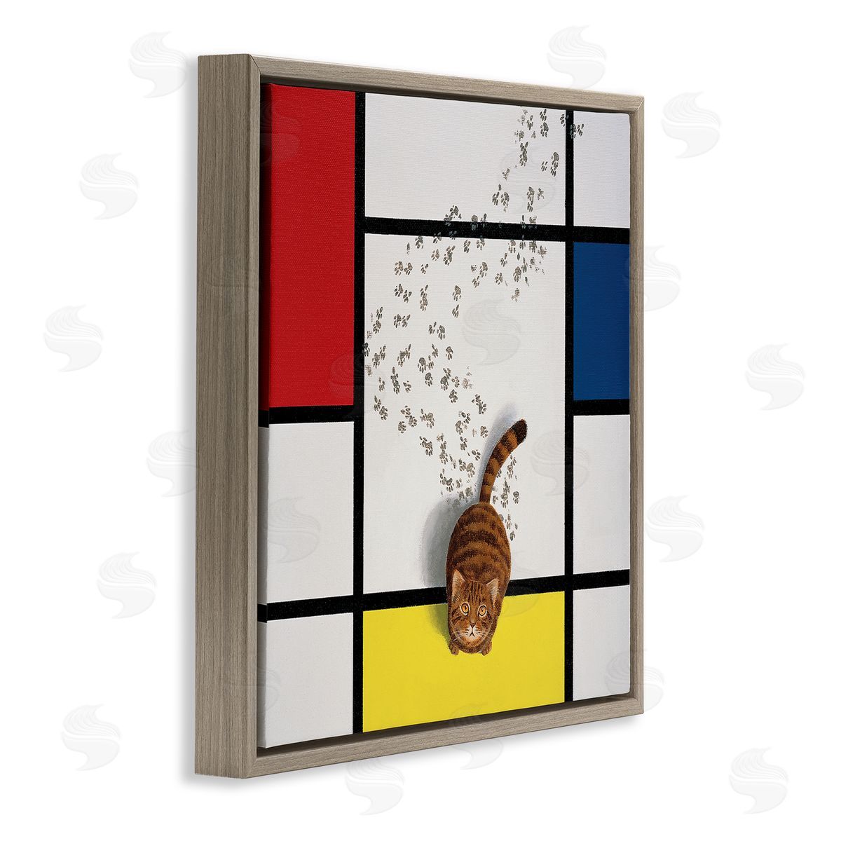 Chameleon Design Inc. Classical Mondrian Abstract Cat Painting Parody Brown Floating Frame Canvas Wall Art Print