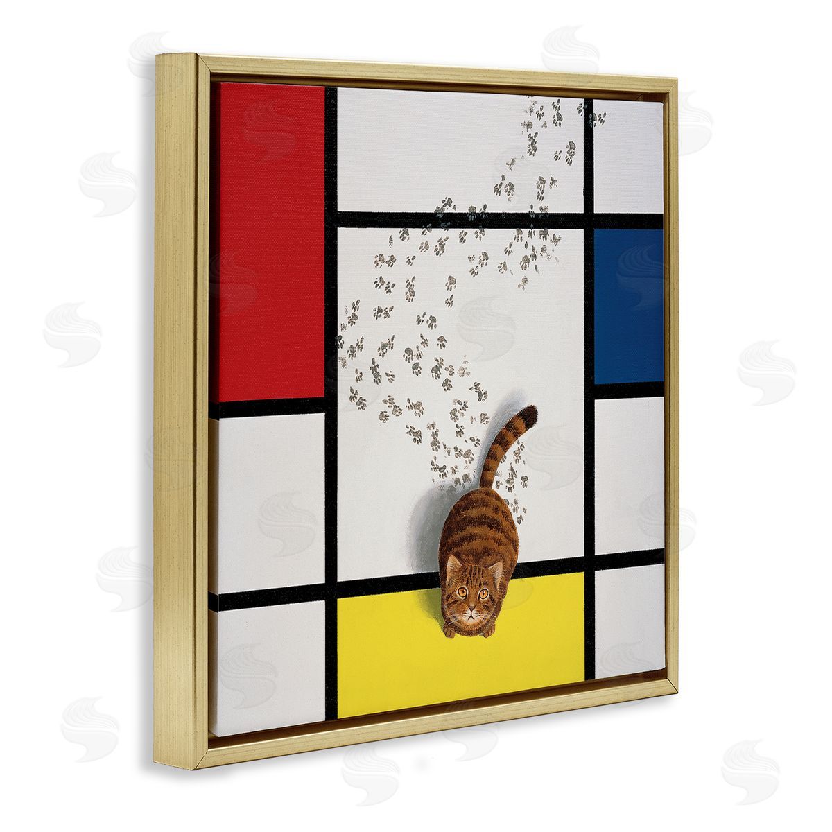 Chameleon Design Inc. Classical Mondrian Abstract Cat Painting Parody Gold Floating Frame Canvas Wall Art Print